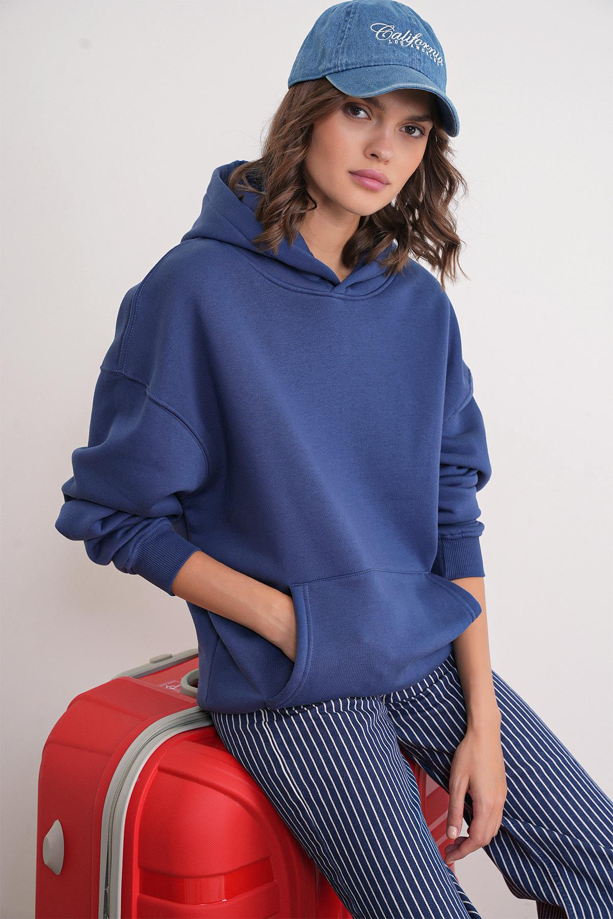 2022 Unisex 3İplik Basic Polarlı Kapüşonlu Sweatshirt Hoodie Lacivert