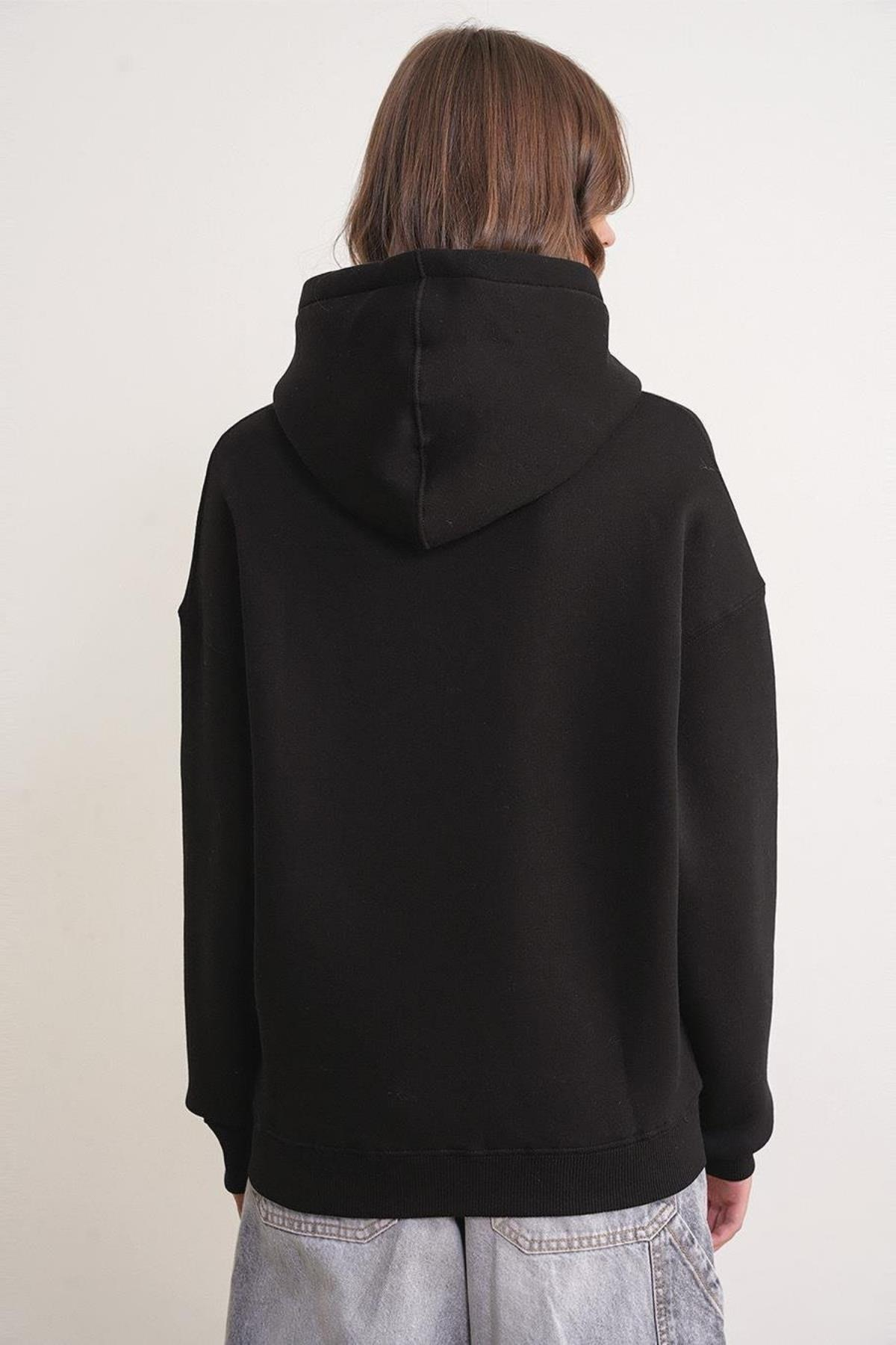2022 Unisex 3İplik Basic Polarlı Kapüşonlu Sweatshirt Hoodie Siyah