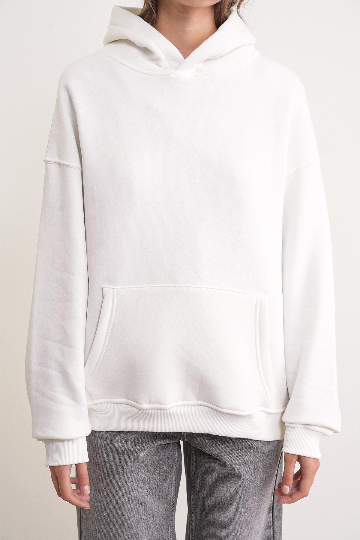 2022 Unisex 3İplik Basic Polarlı Kapüşonlu Sweatshirt Hoodie Beyaz