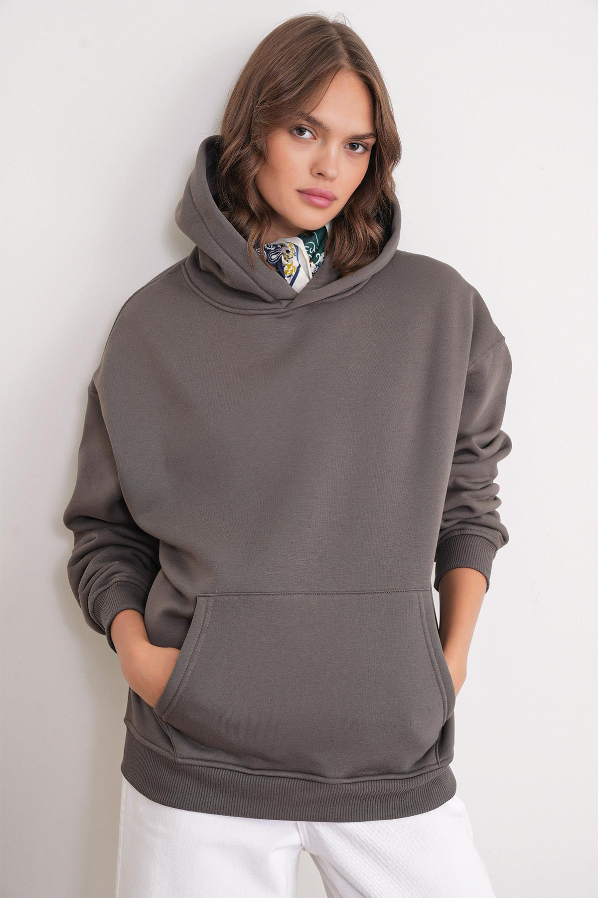 2022 Unisex 3İplik Basic Polarlı Kapüşonlu Sweatshirt Hoodie Antrasit