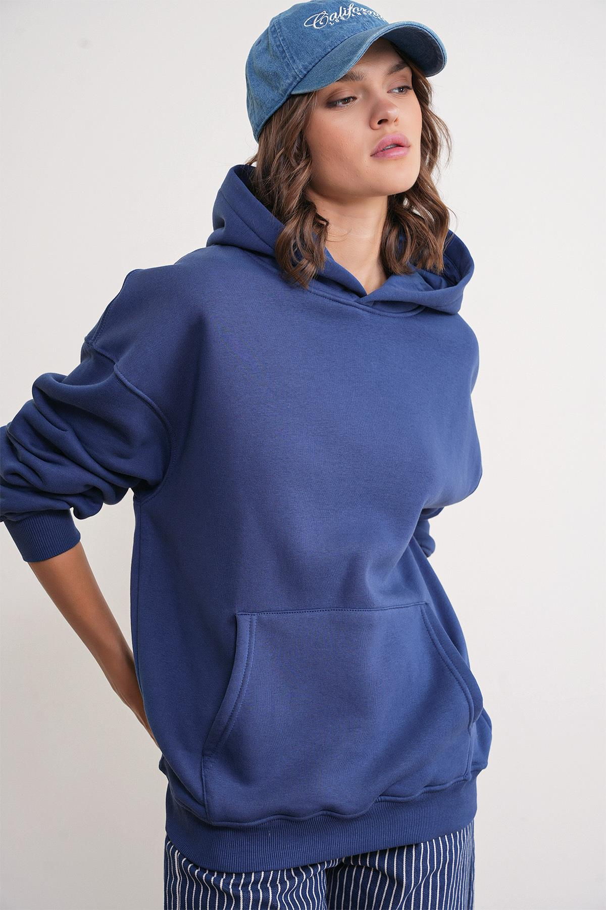 2022 Unisex 3İplik Basic Polarlı Kapüşonlu Sweatshirt Hoodie Lacivert