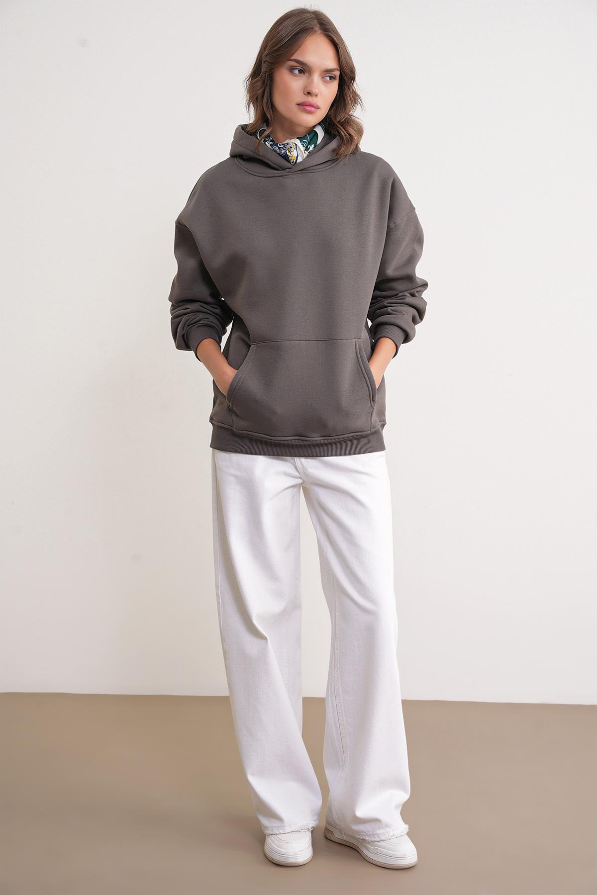 2022 Unisex 3İplik Basic Polarlı Kapüşonlu Sweatshirt Hoodie Antrasit