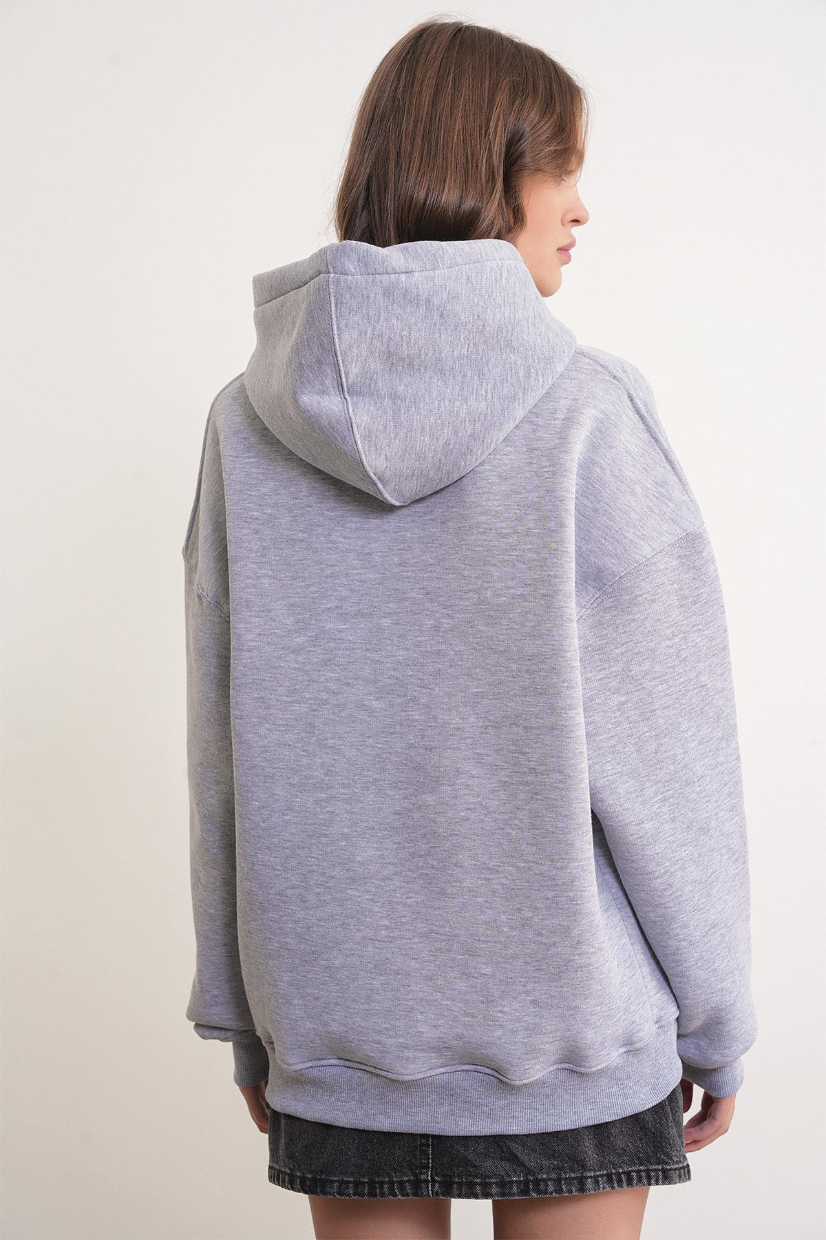 2022 Unisex 3İplik Basic Polarlı Kapüşonlu Sweatshirt Hoodie Gri