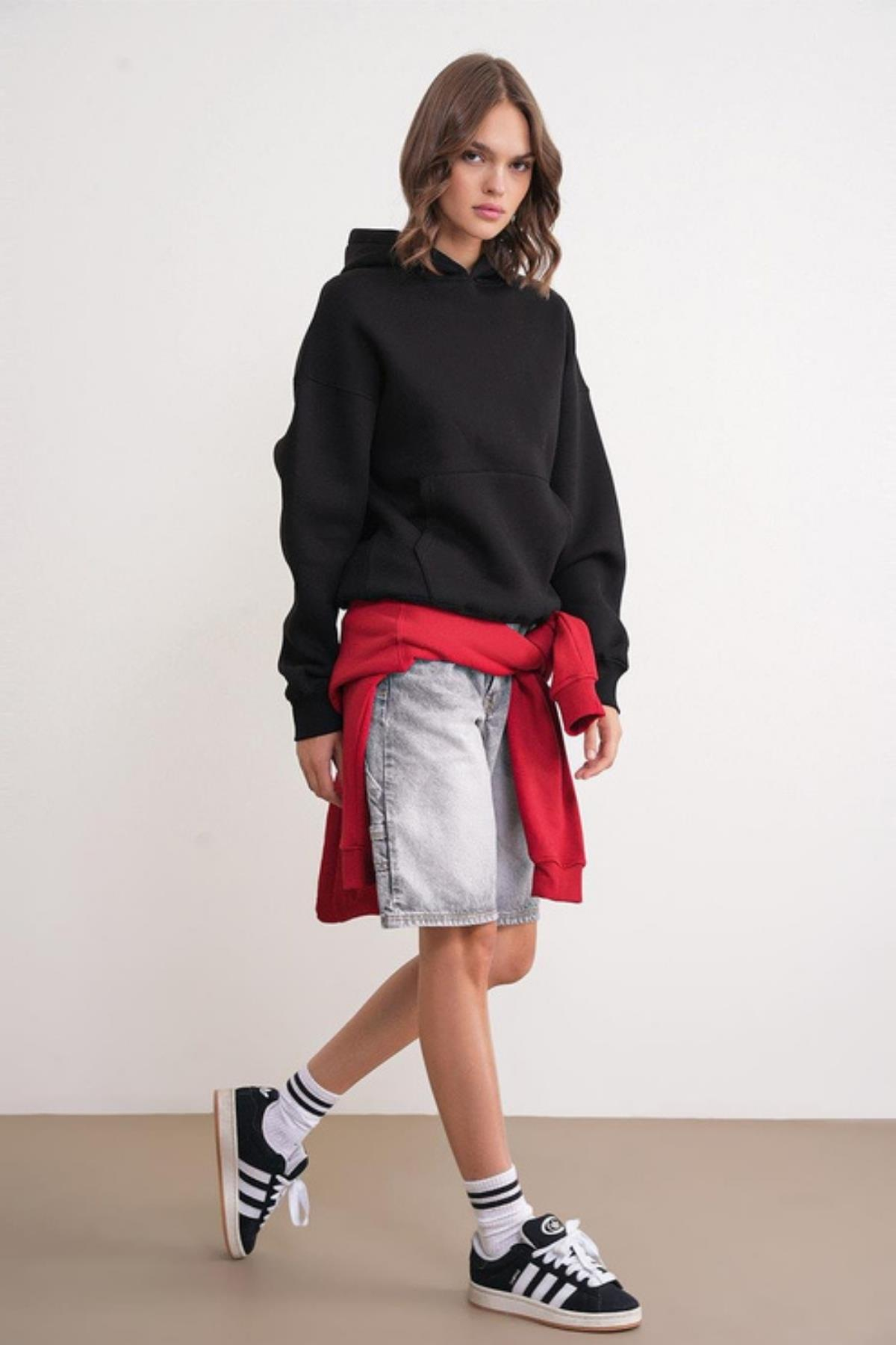 2022 Unisex 3İplik Basic Polarlı Kapüşonlu Sweatshirt Hoodie Siyah