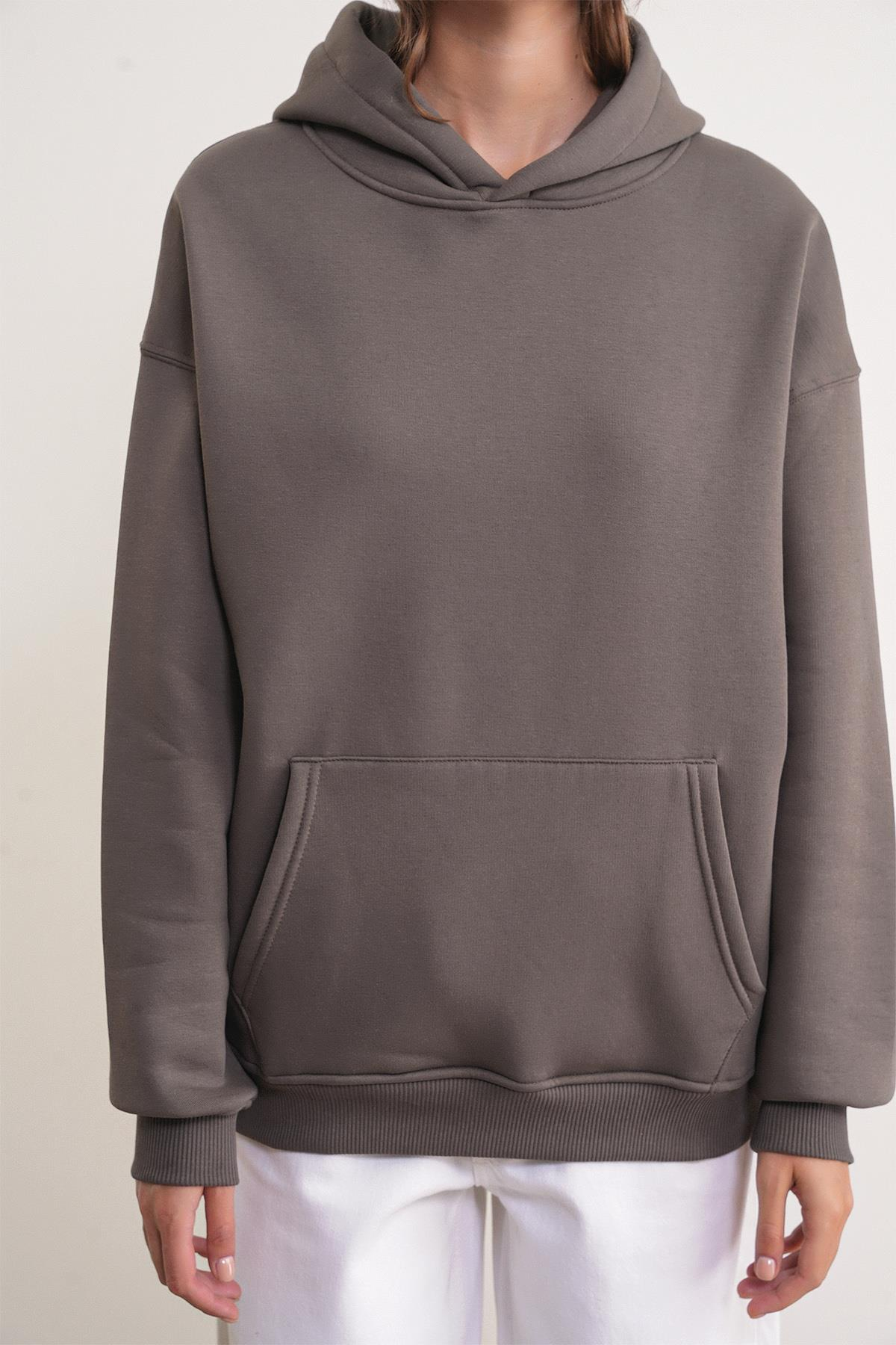 2022 Unisex 3İplik Basic Polarlı Kapüşonlu Sweatshirt Hoodie Antrasit