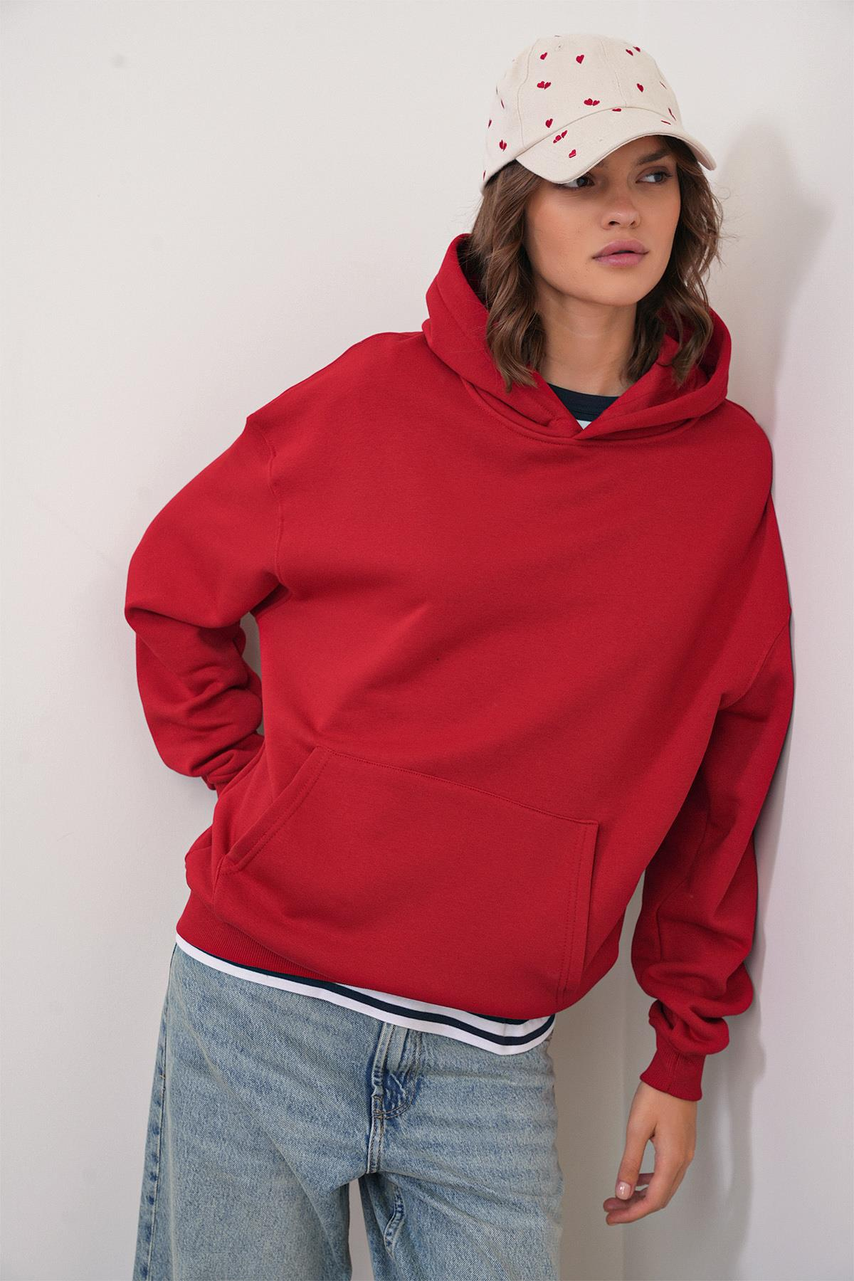 2022 Unisex 3İplik Basic Polarlı Kapüşonlu Sweatshirt Hoodie Kırmızı