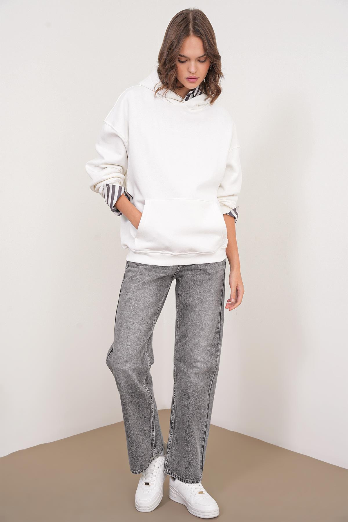 2022 Unisex 3İplik Basic Polarlı Kapüşonlu Sweatshirt Hoodie Beyaz