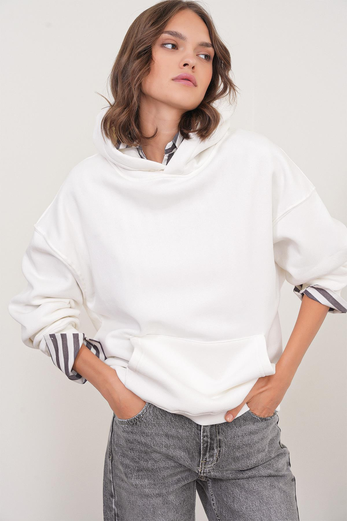 2022 Unisex 3İplik Basic Polarlı Kapüşonlu Sweatshirt Hoodie Beyaz