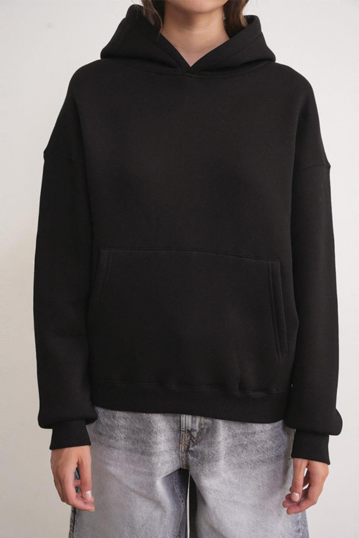 2022 Unisex 3İplik Basic Polarlı Kapüşonlu Sweatshirt Hoodie Siyah