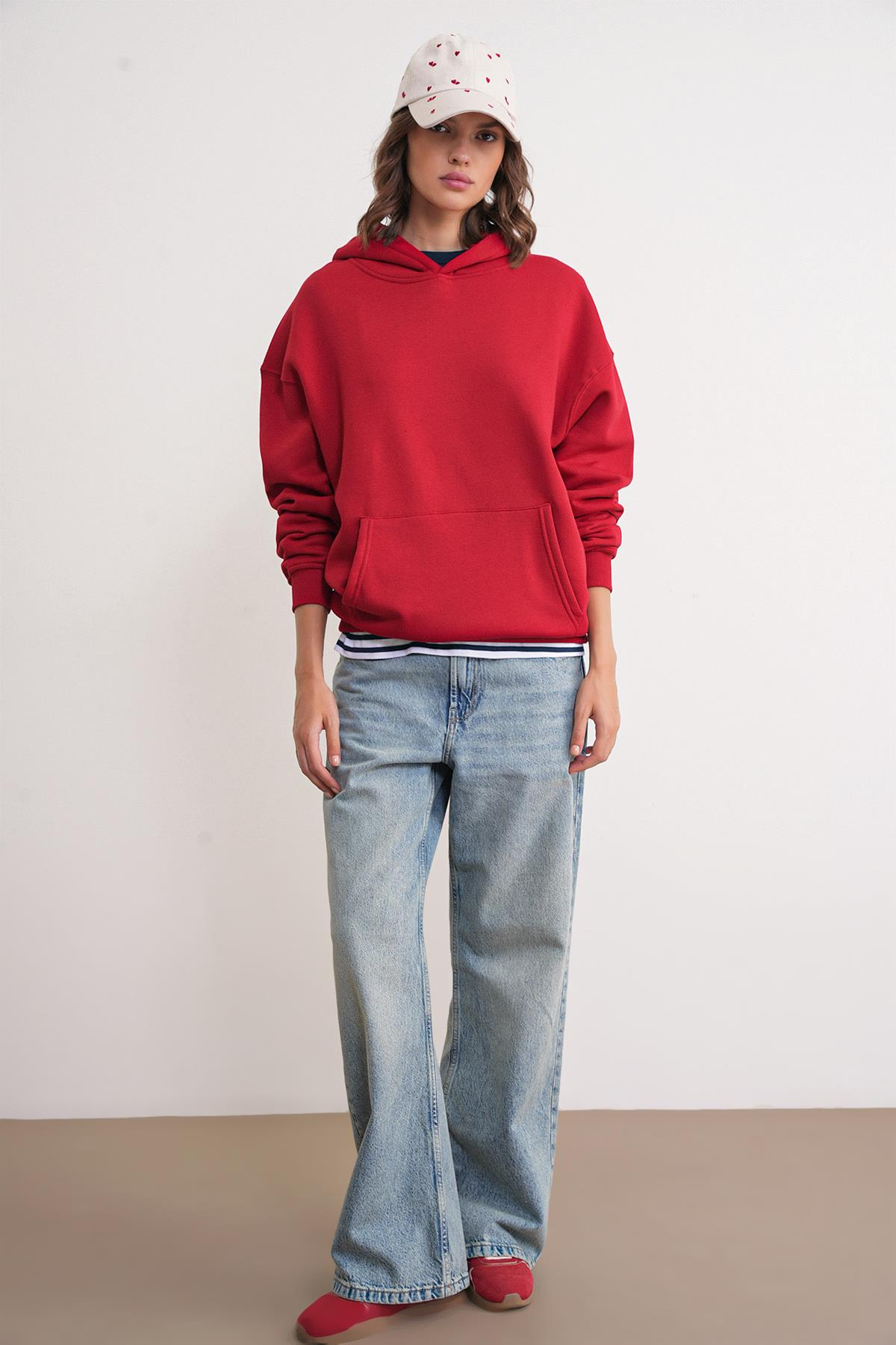 2022 Unisex 3İplik Basic Polarlı Kapüşonlu Sweatshirt Hoodie Kırmızı