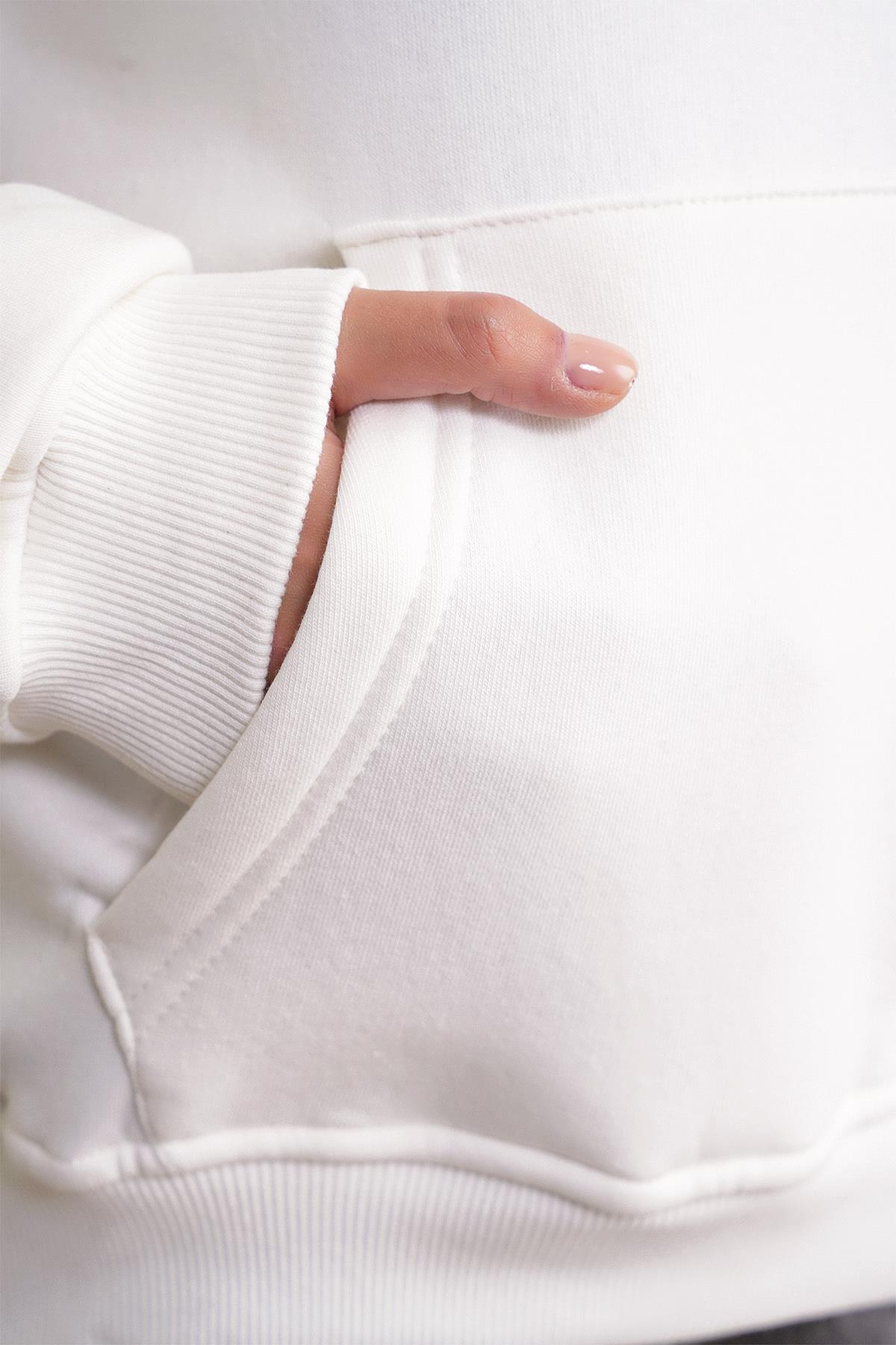 2022 Unisex 3İplik Basic Polarlı Kapüşonlu Sweatshirt Hoodie Beyaz