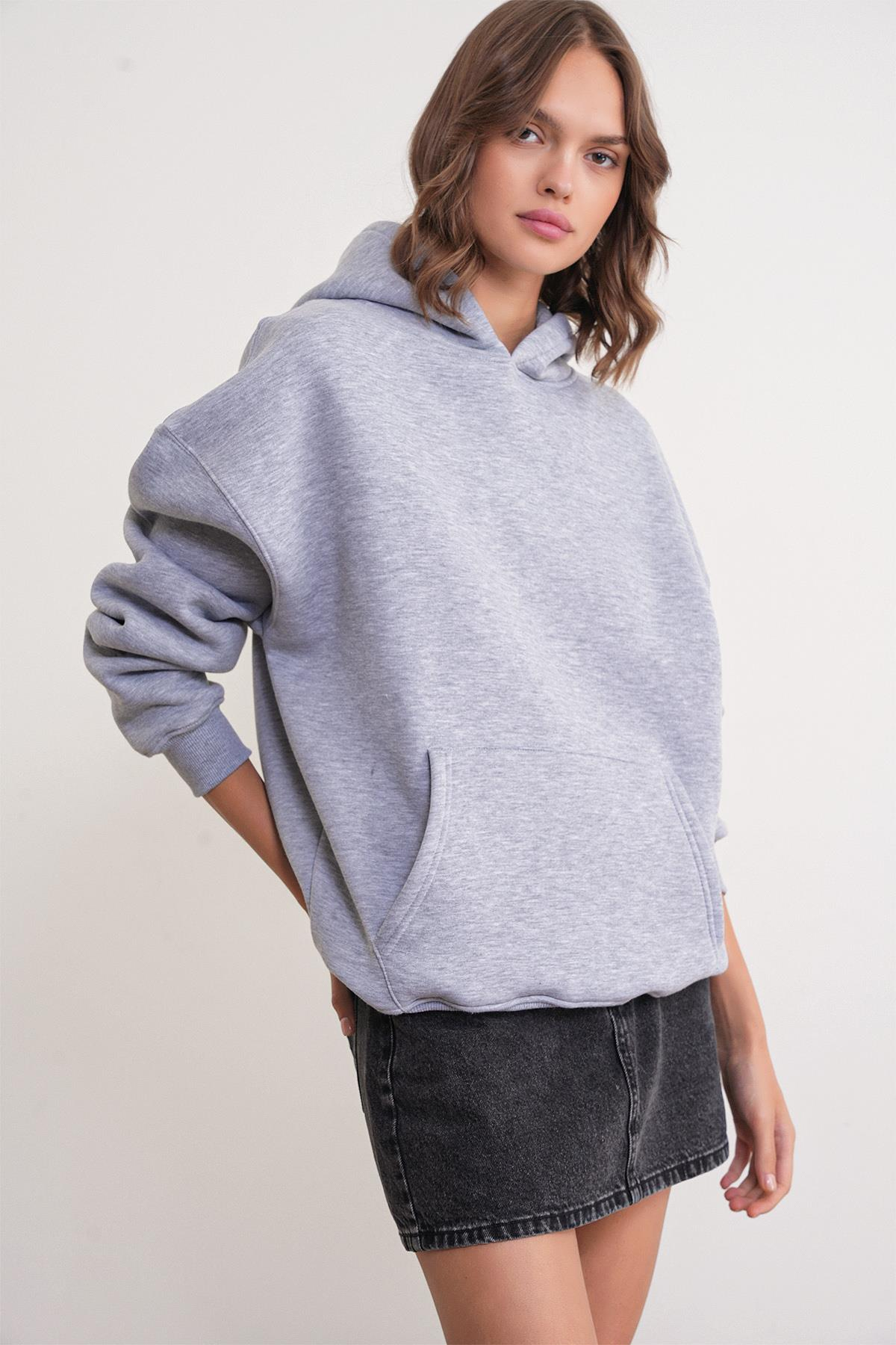 2022 Unisex 3İplik Basic Polarlı Kapüşonlu Sweatshirt Hoodie Gri