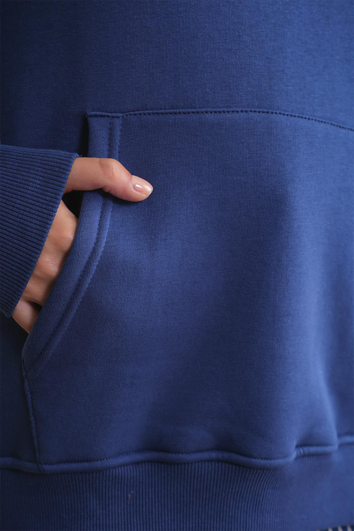 2022 Unisex 3İplik Basic Polarlı Kapüşonlu Sweatshirt Hoodie Lacivert