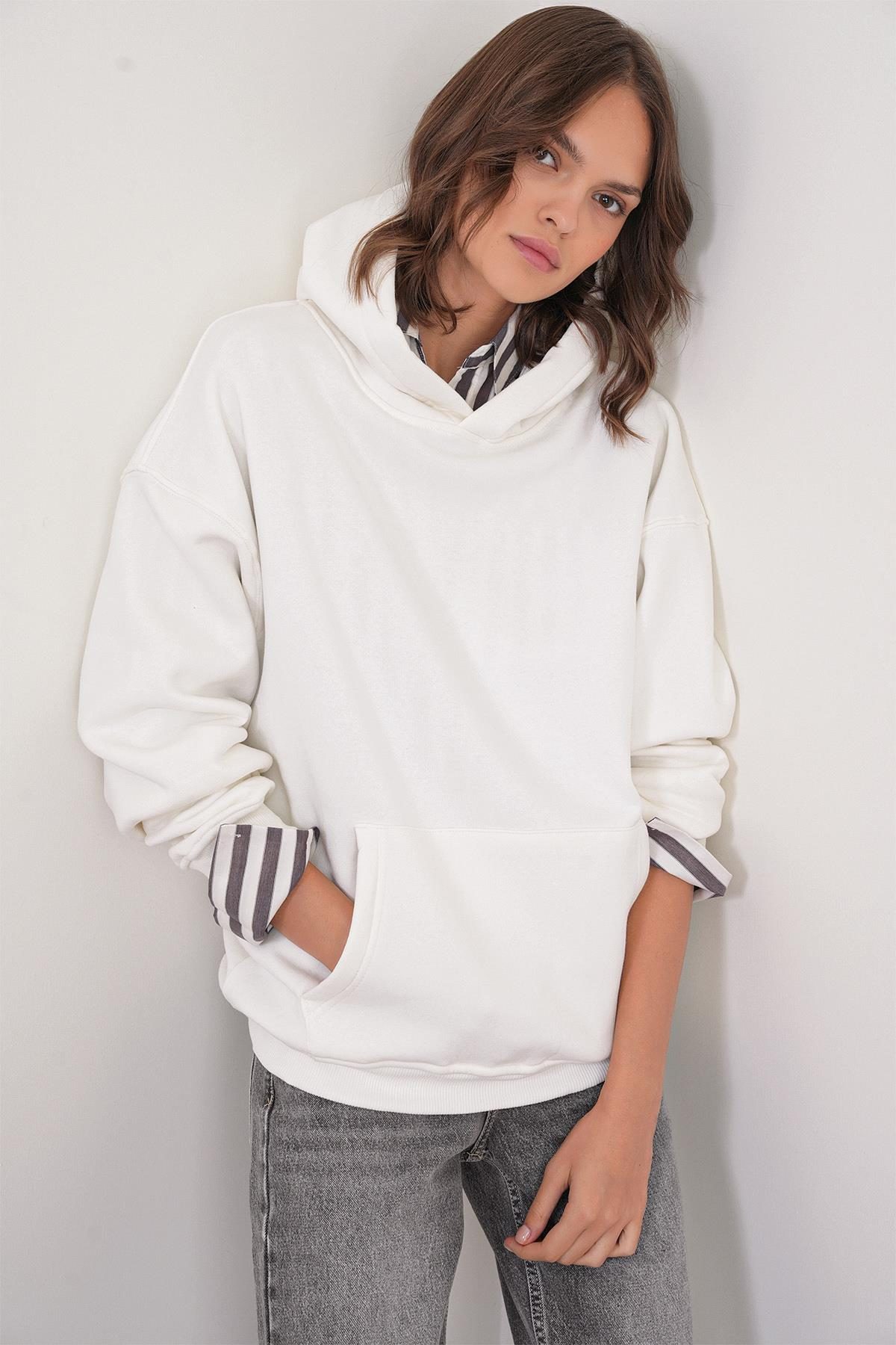 2022 Unisex 3İplik Basic Polarlı Kapüşonlu Sweatshirt Hoodie Beyaz