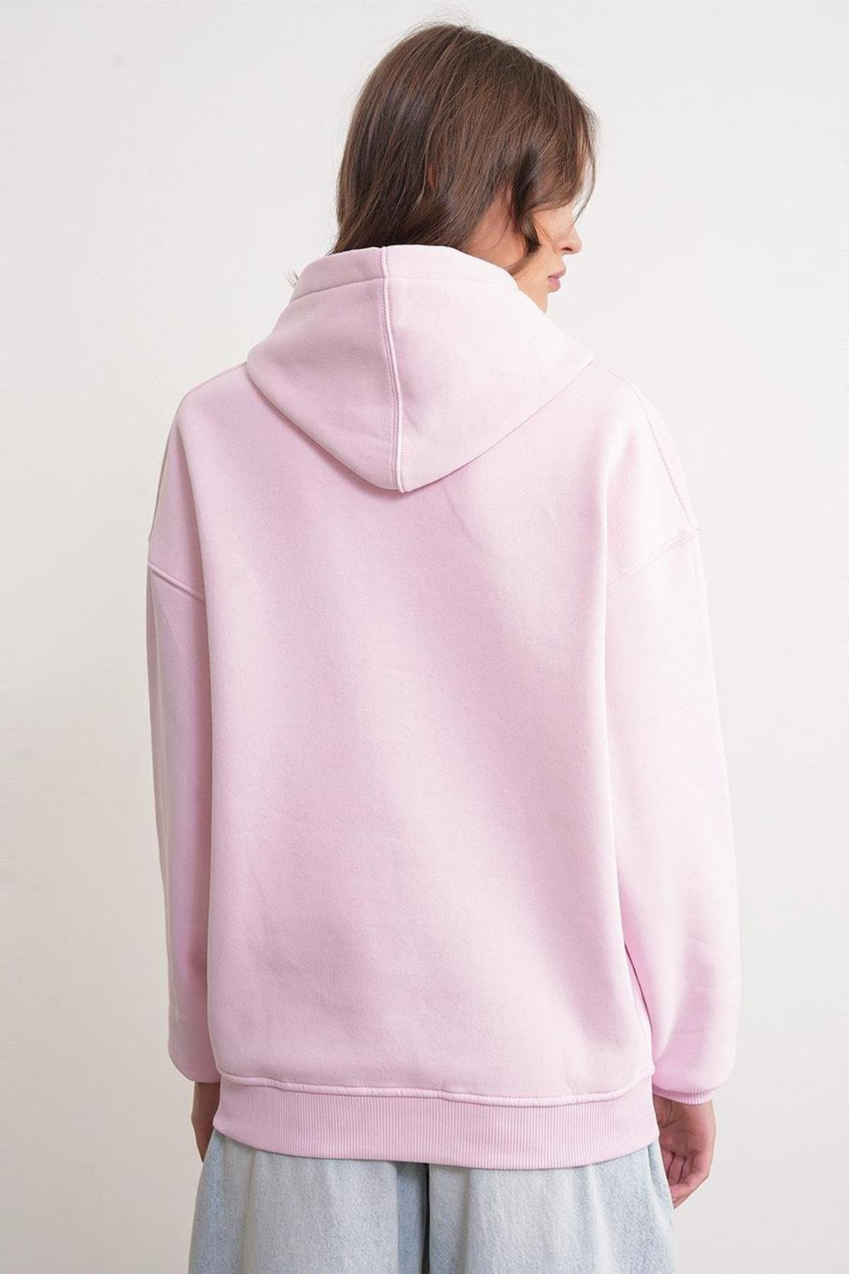 2022 Unisex 3İplik Basic Polarlı Kapüşonlu Sweatshirt Hoodie Pembe