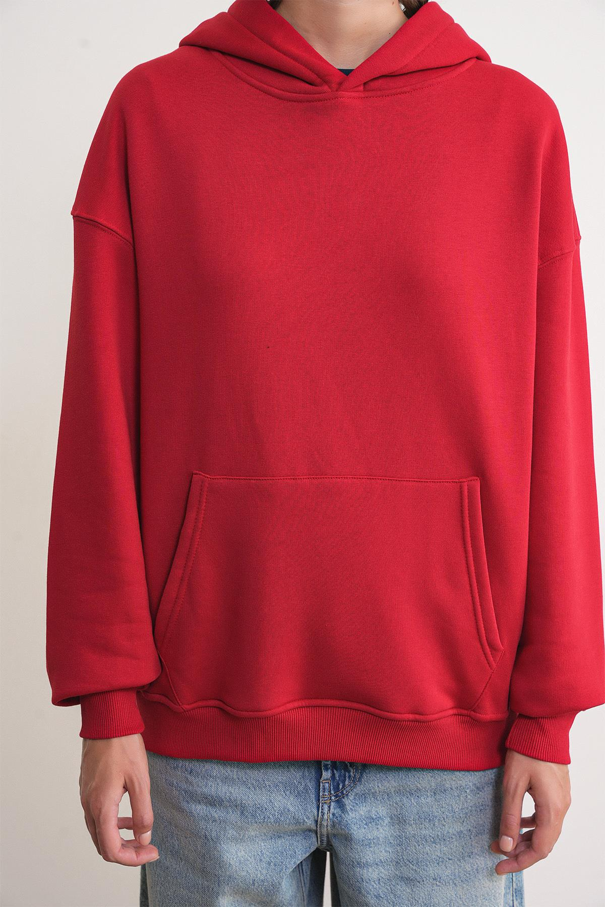 2022 Unisex 3İplik Basic Polarlı Kapüşonlu Sweatshirt Hoodie Kırmızı