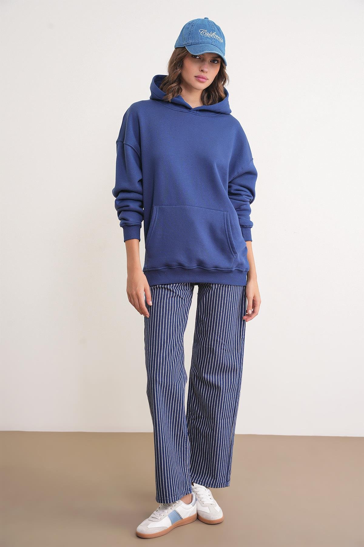 2022 Unisex 3İplik Basic Polarlı Kapüşonlu Sweatshirt Hoodie Lacivert