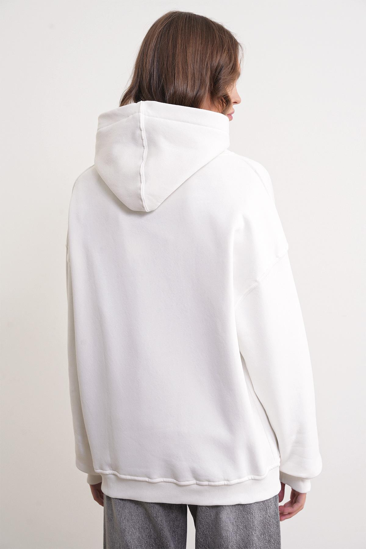 2022 Unisex 3İplik Basic Polarlı Kapüşonlu Sweatshirt Hoodie Beyaz