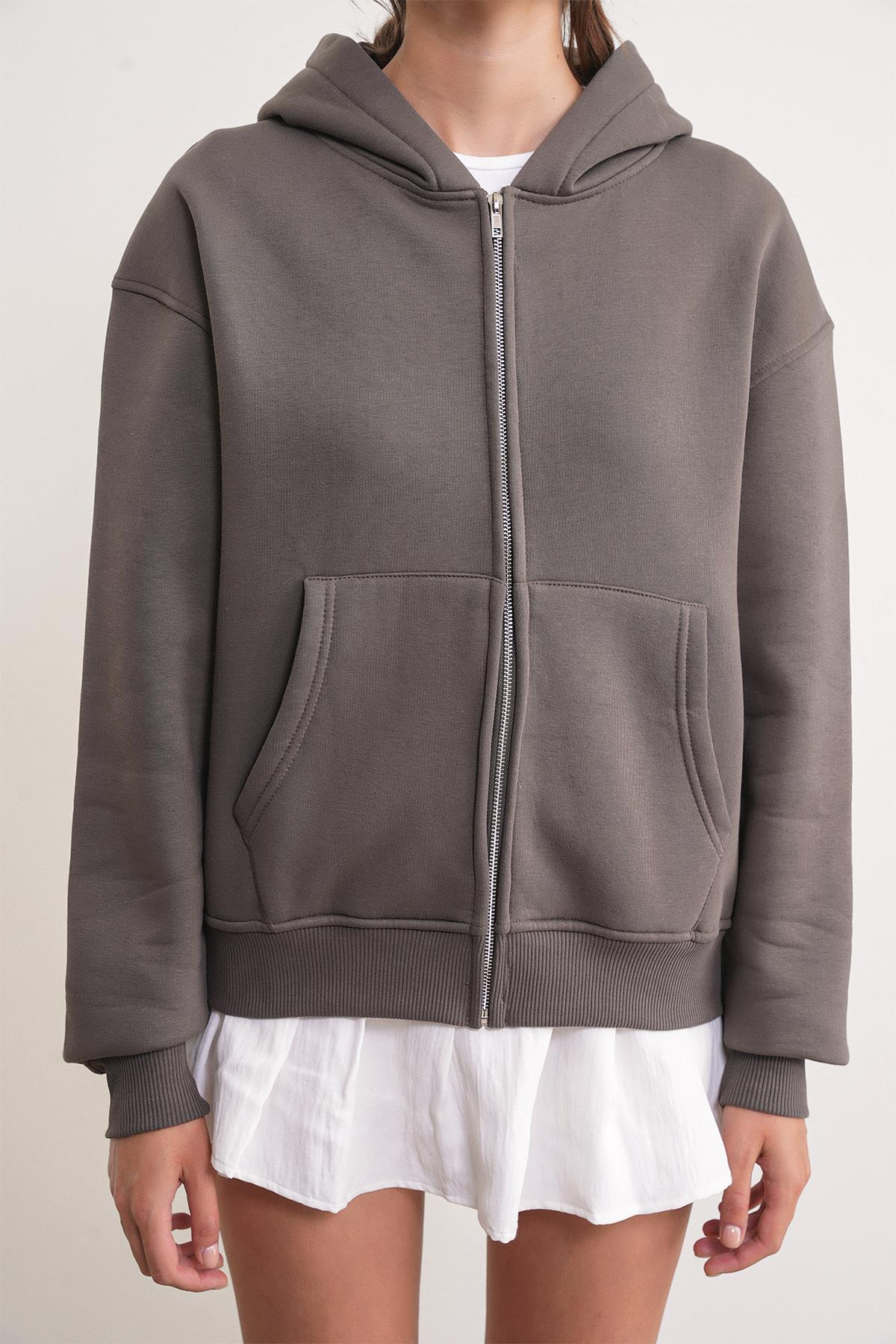 2023 Unisex 3İplik Basic Polarlı Fermuarlı Sweatshirt Hoodie Antrasit