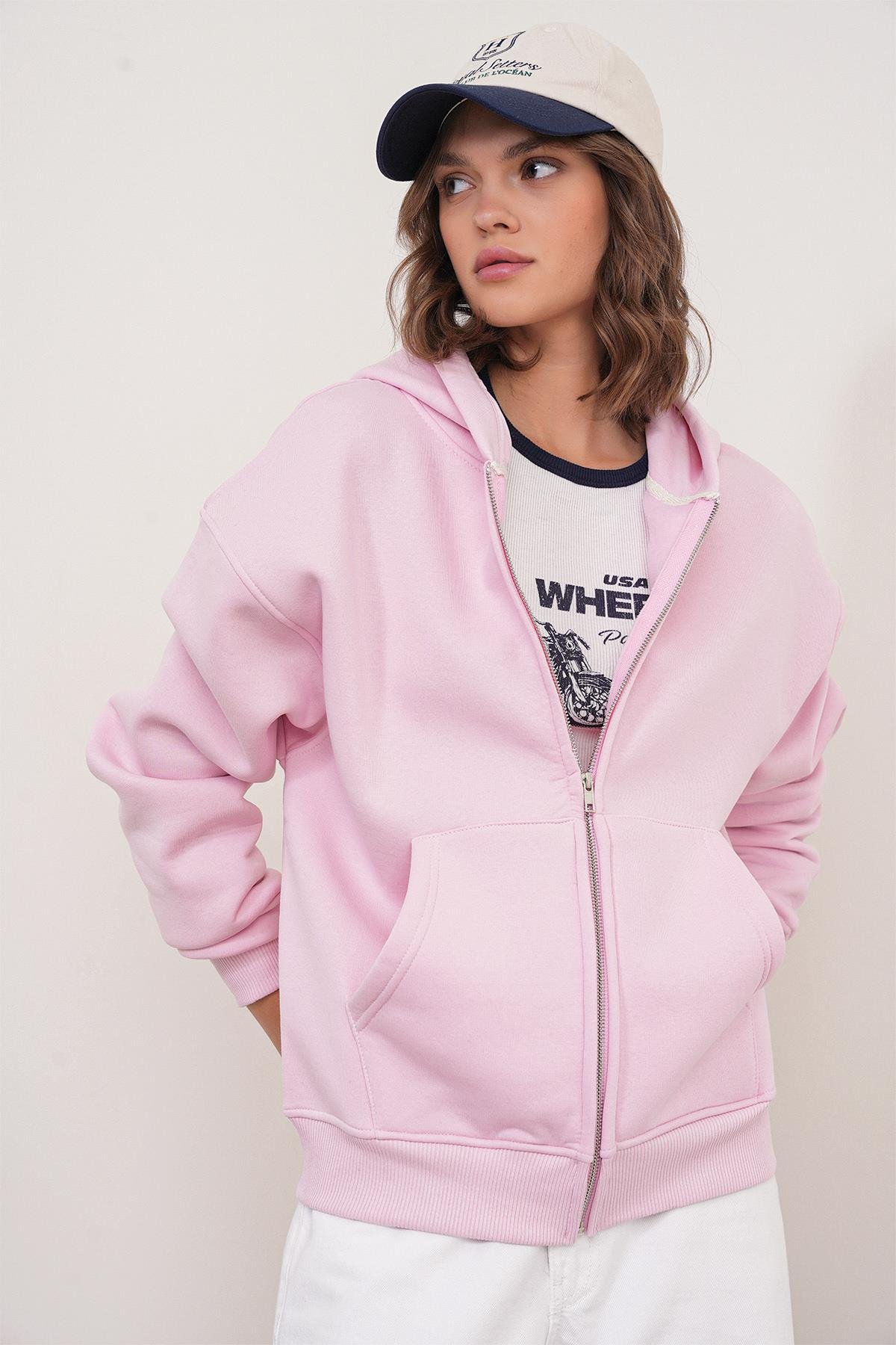 2023 Unisex 3İplik Basic Polarlı Fermuarlı Sweatshirt Hoodie Pembe