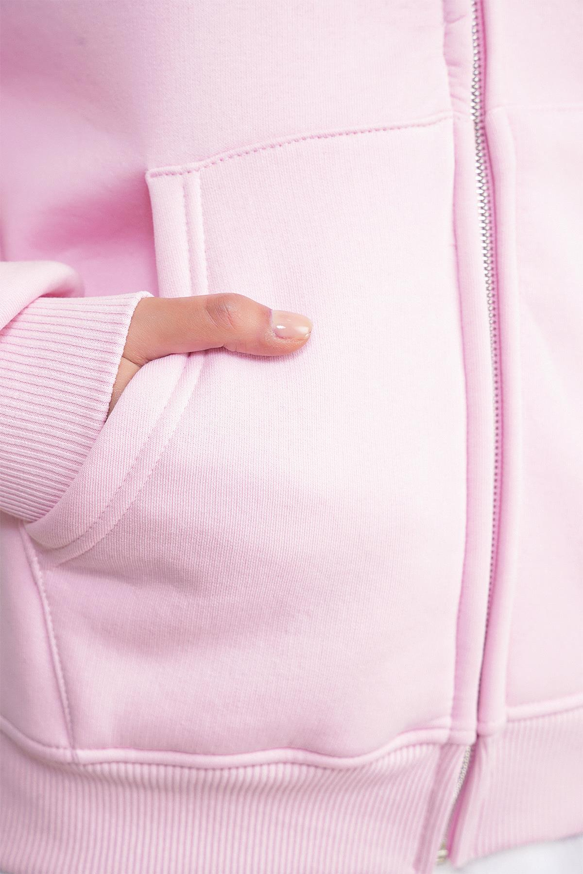 2023 Unisex 3İplik Basic Polarlı Fermuarlı Sweatshirt Hoodie Pembe