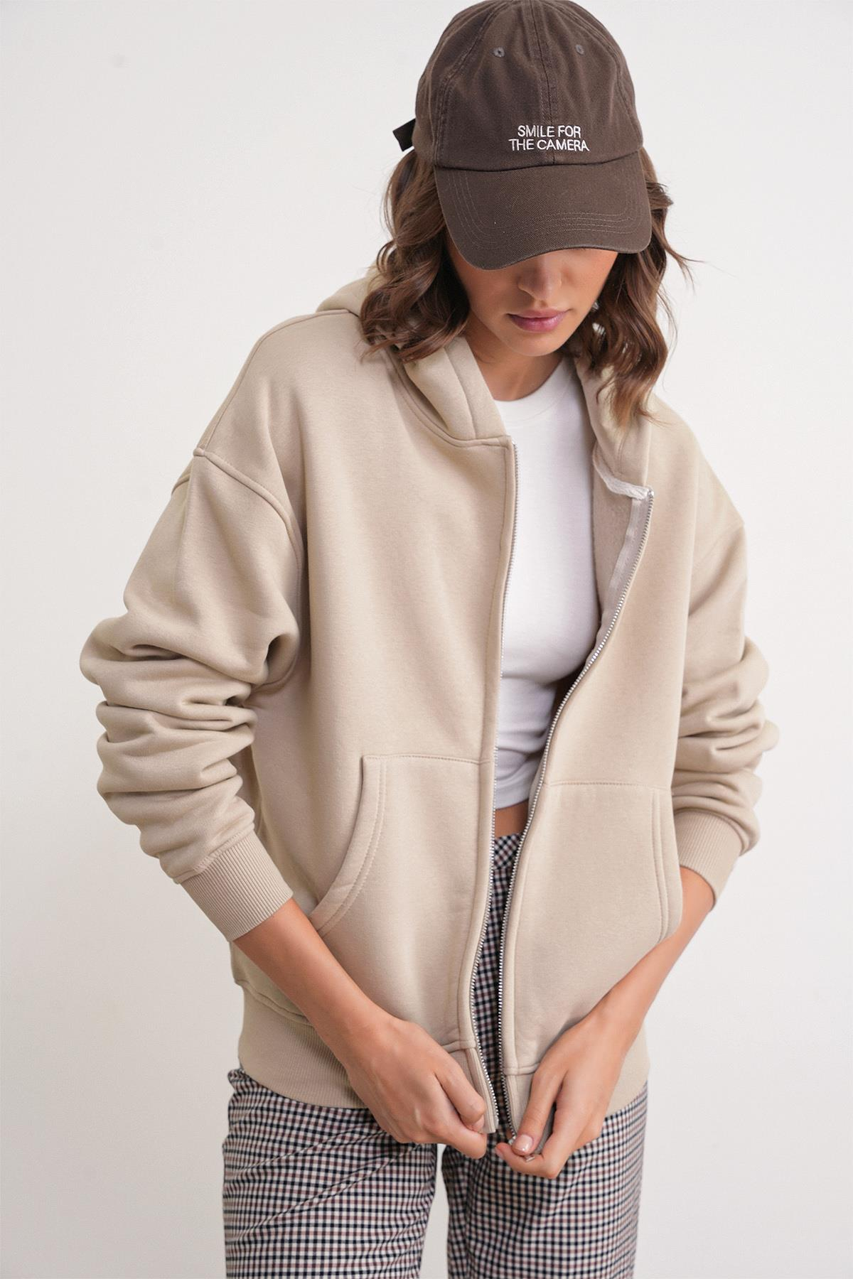 2023 Unisex 3İplik Basic Polarlı Fermuarlı Sweatshirt Hoodie Bej