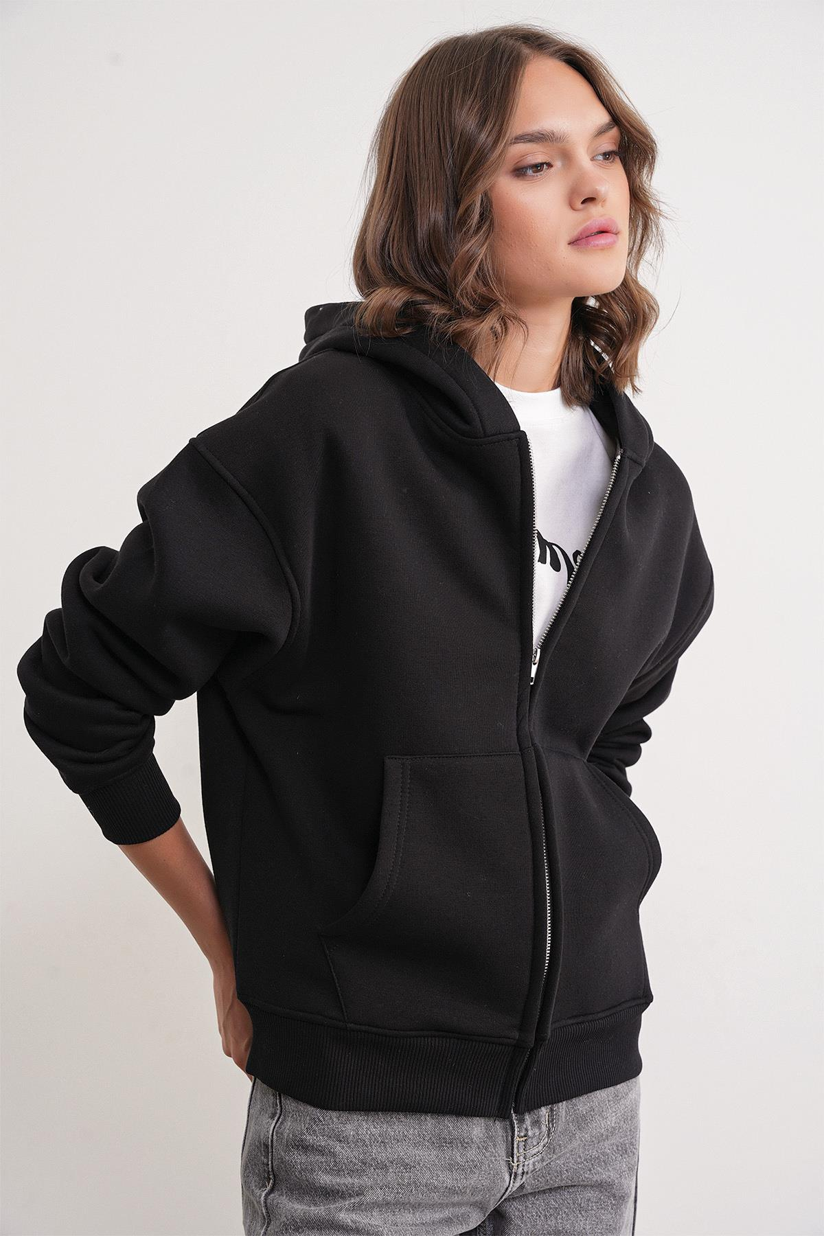 2023 Unisex 3İplik Basic Polarlı Fermuarlı Sweatshirt Hoodie Siyah