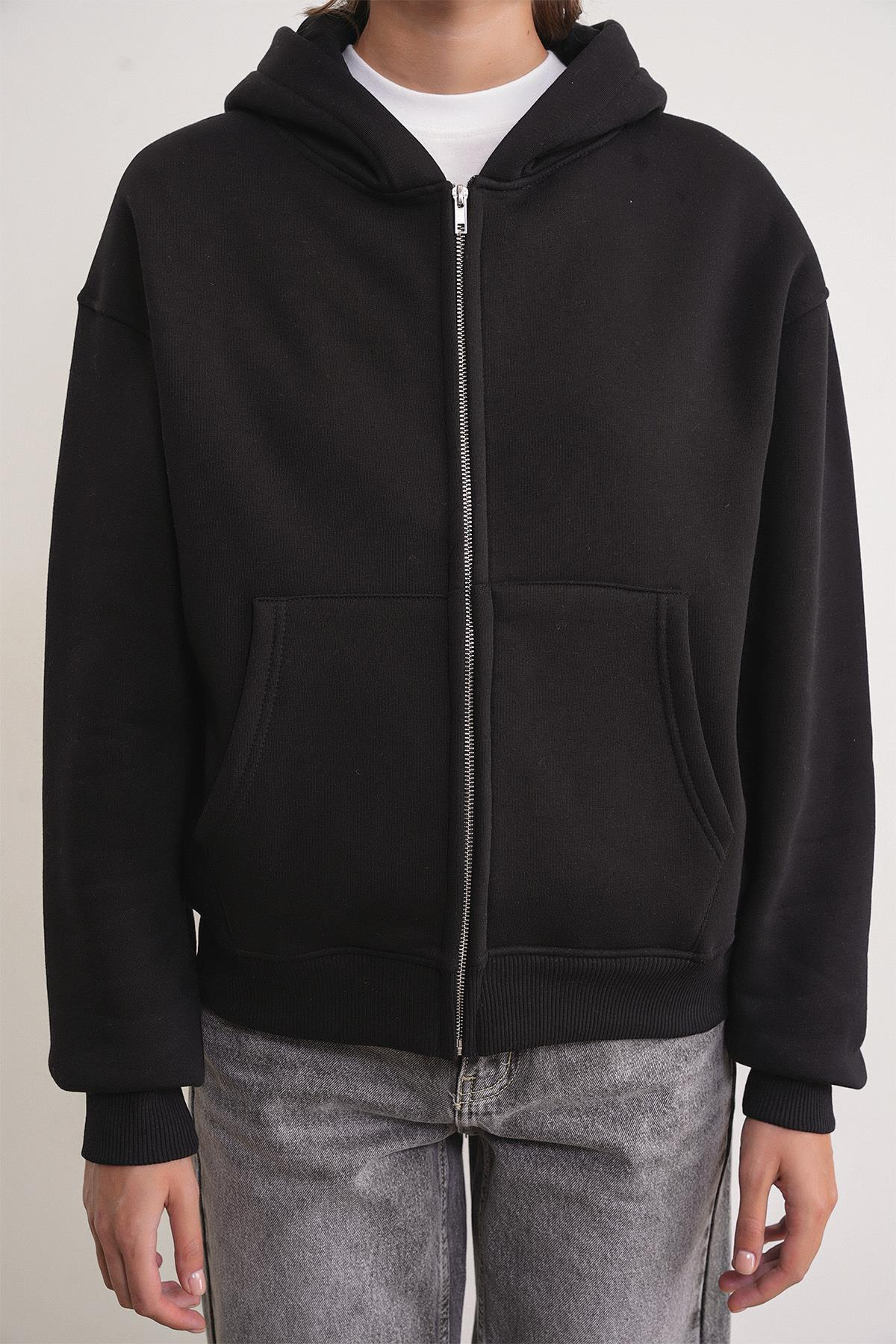 2023 Unisex 3İplik Basic Polarlı Fermuarlı Sweatshirt Hoodie Siyah