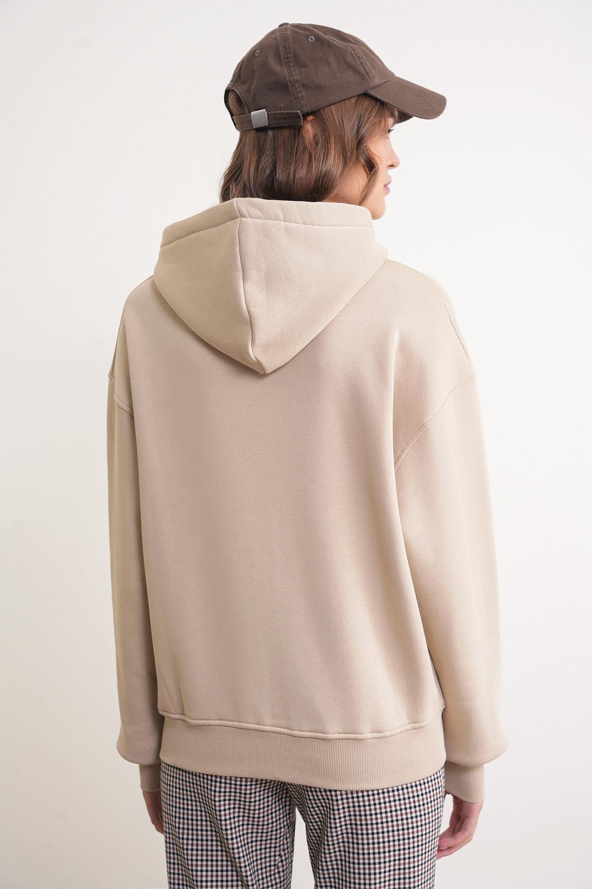 2023 Unisex 3İplik Basic Polarlı Fermuarlı Sweatshirt Hoodie Bej