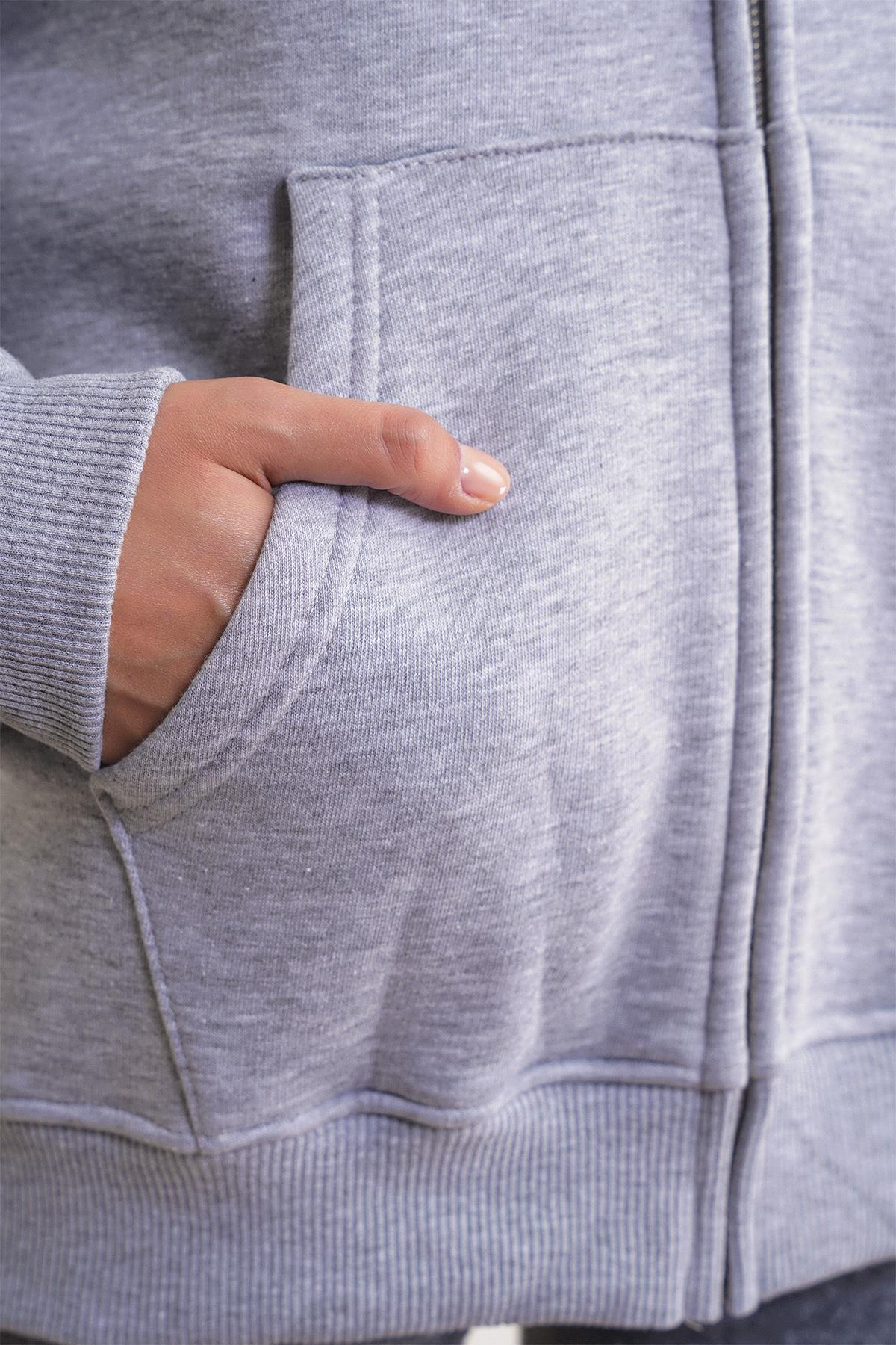 2023 Unisex 3İplik Basic Polarlı Fermuarlı Sweatshirt Hoodie Gri