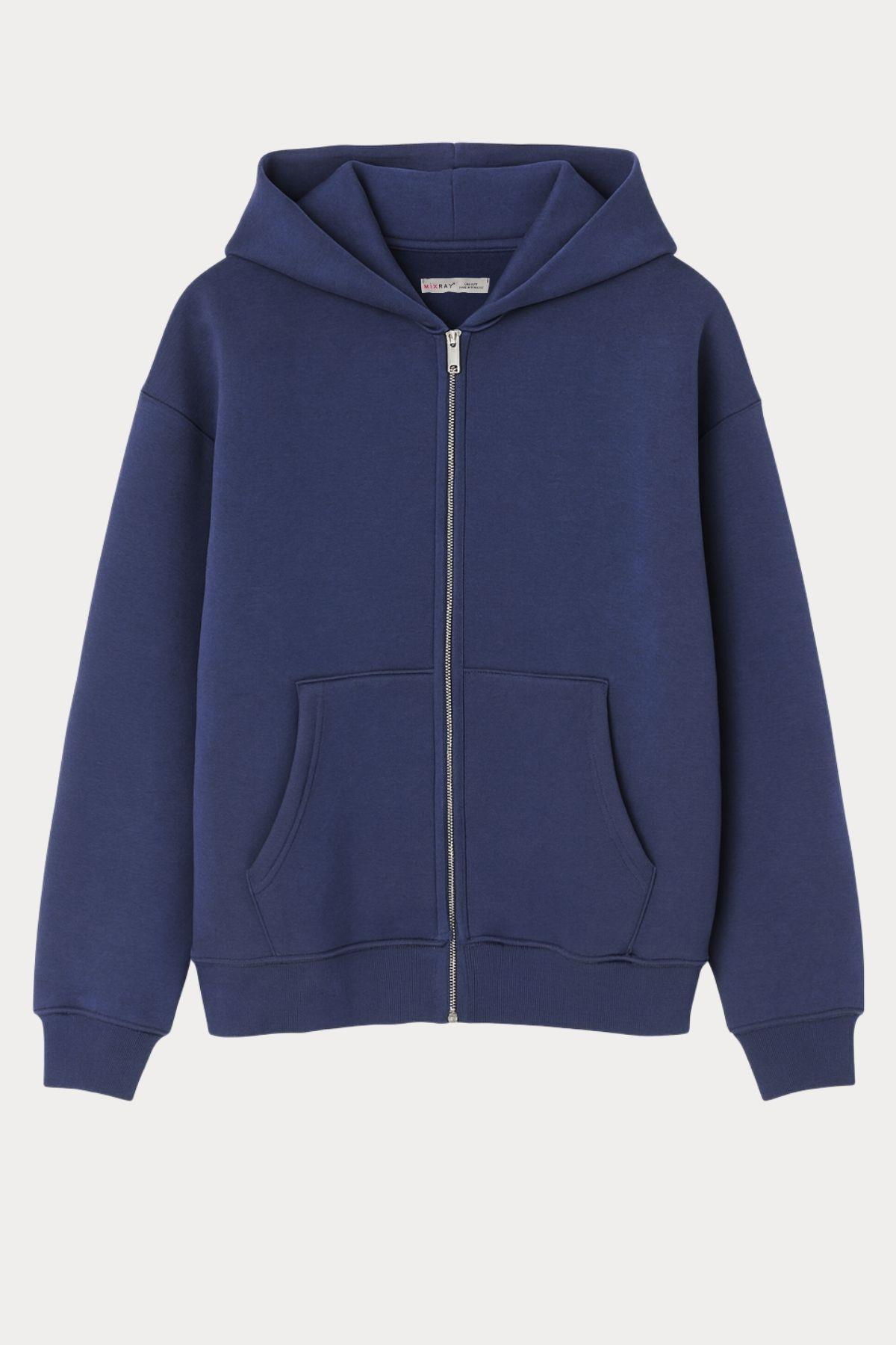 2023 Unisex 3İplik Basic Polarlı Fermuarlı Sweatshirt Hoodie İndigo