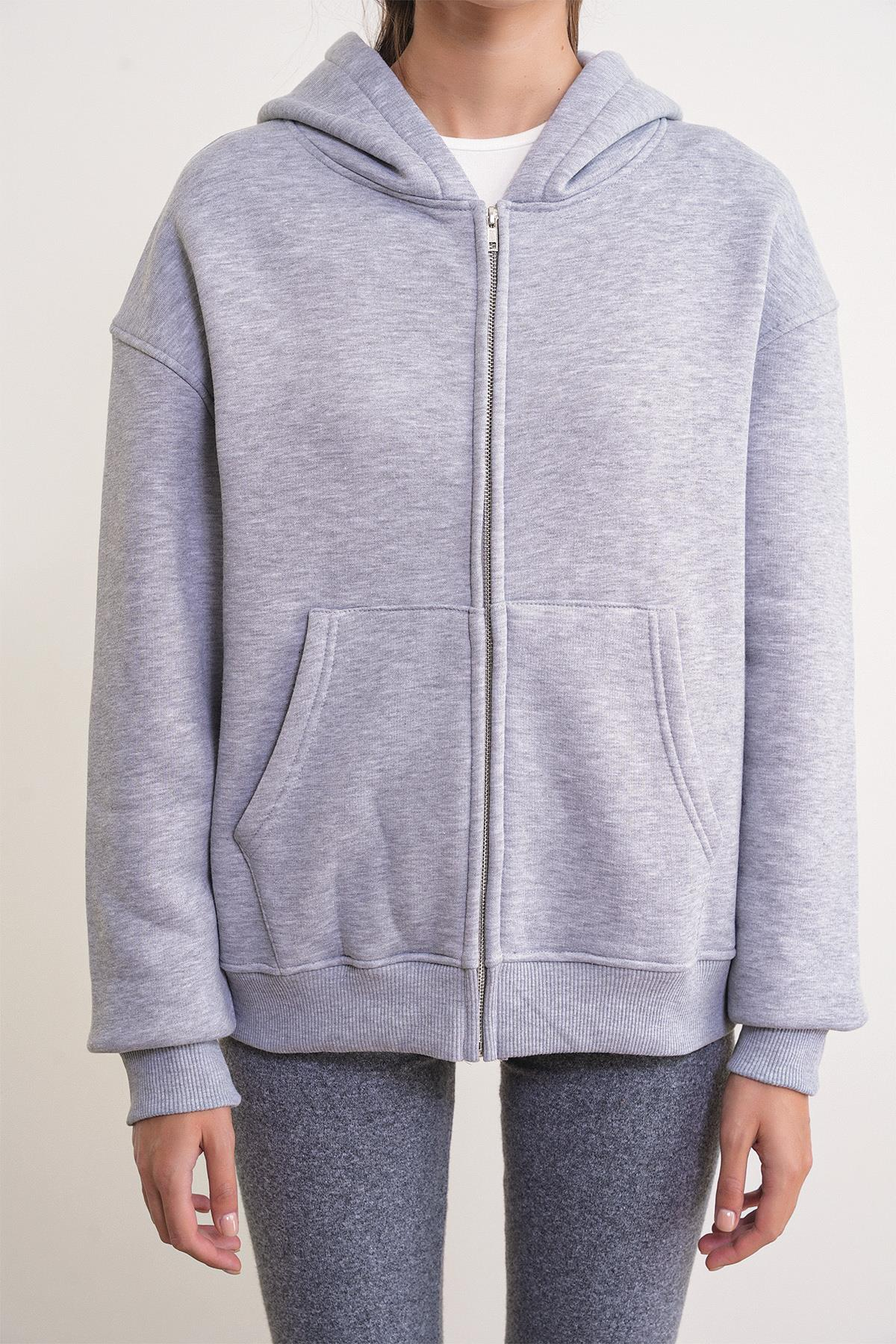 2023 Unisex 3İplik Basic Polarlı Fermuarlı Sweatshirt Hoodie Gri