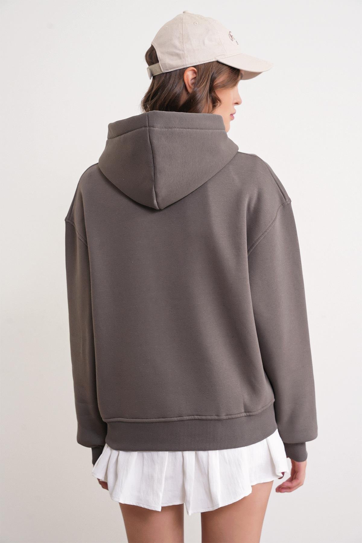 2023 Unisex 3İplik Basic Polarlı Fermuarlı Sweatshirt Hoodie Antrasit