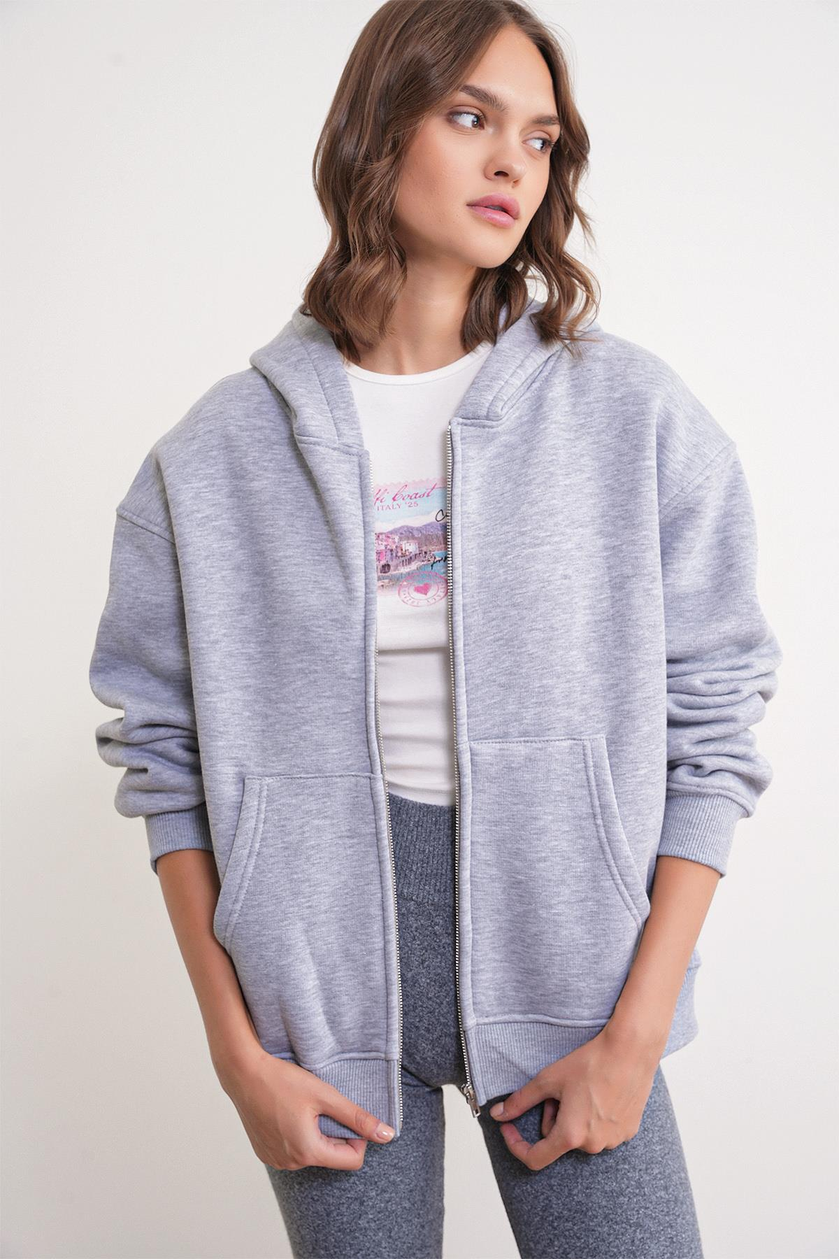 2023 Unisex 3İplik Basic Polarlı Fermuarlı Sweatshirt Hoodie Gri