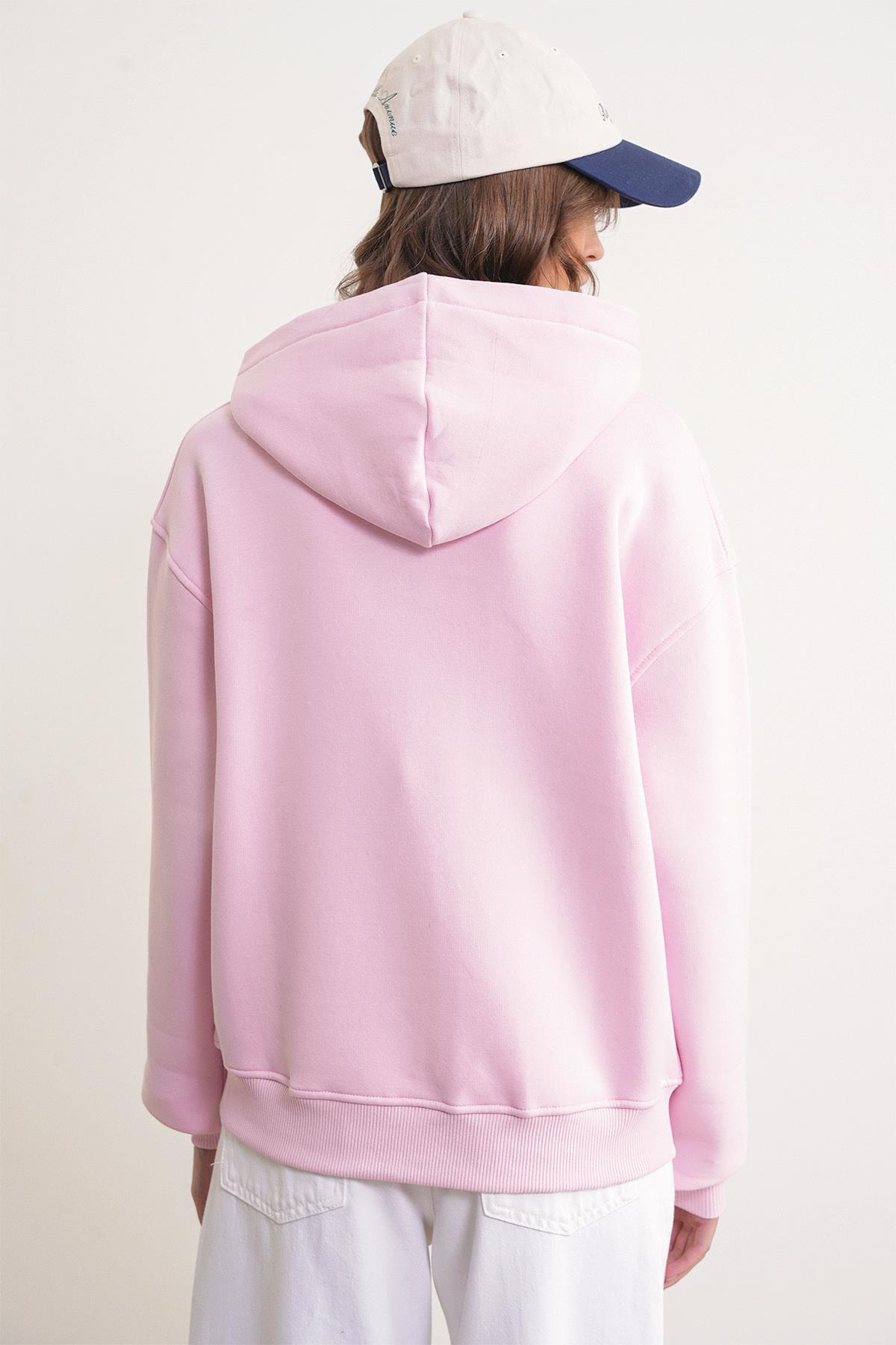 2023 Unisex 3İplik Basic Polarlı Fermuarlı Sweatshirt Hoodie Pembe