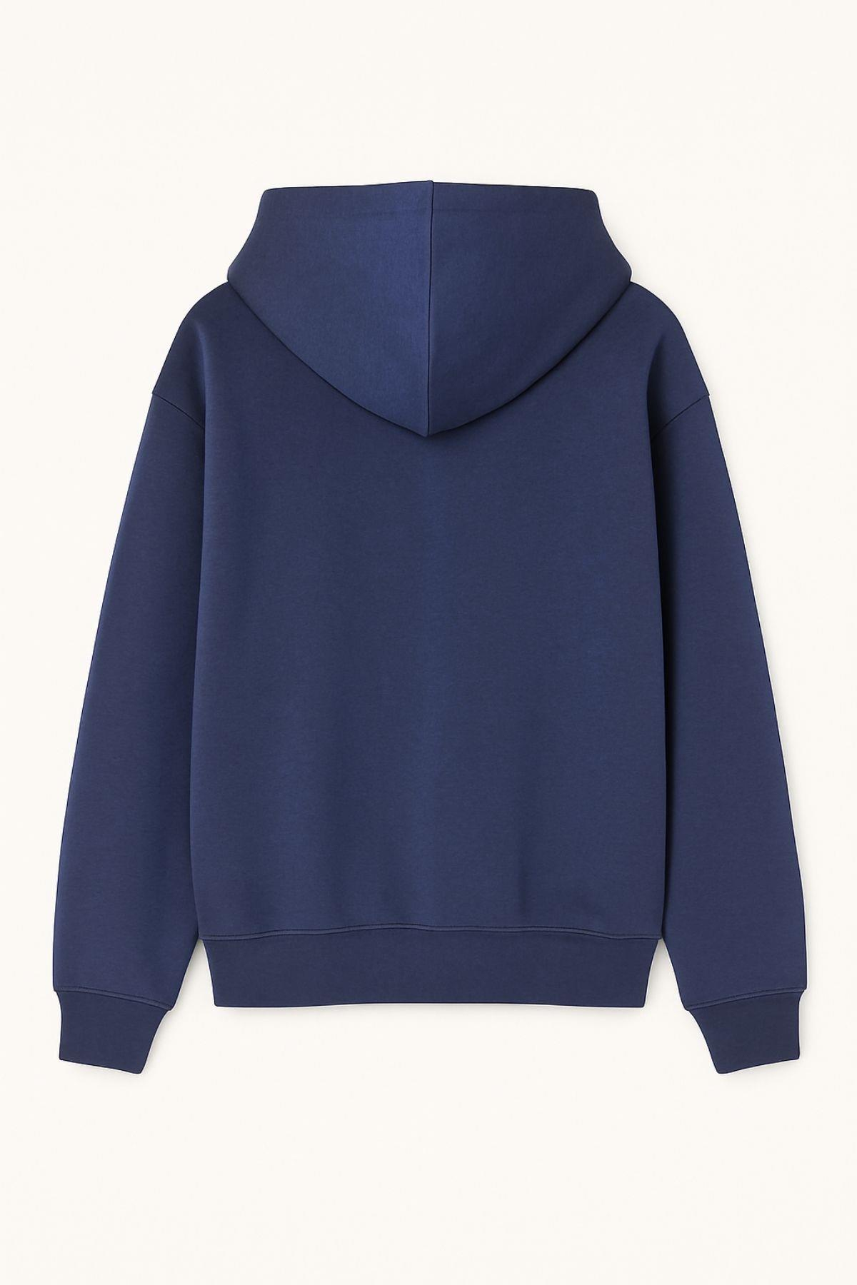 2023 Unisex 3İplik Basic Polarlı Fermuarlı Sweatshirt Hoodie İndigo