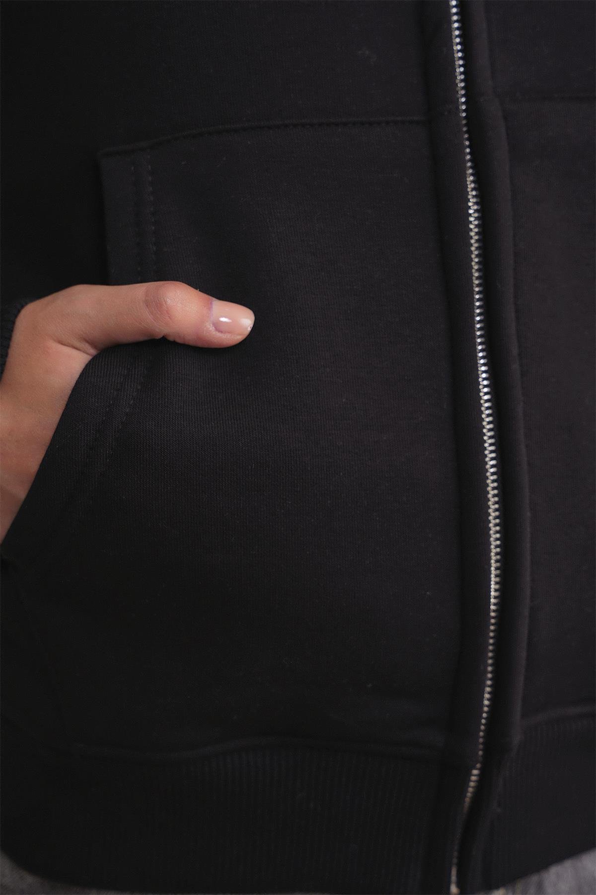 2023 Unisex 3İplik Basic Polarlı Fermuarlı Sweatshirt Hoodie Siyah