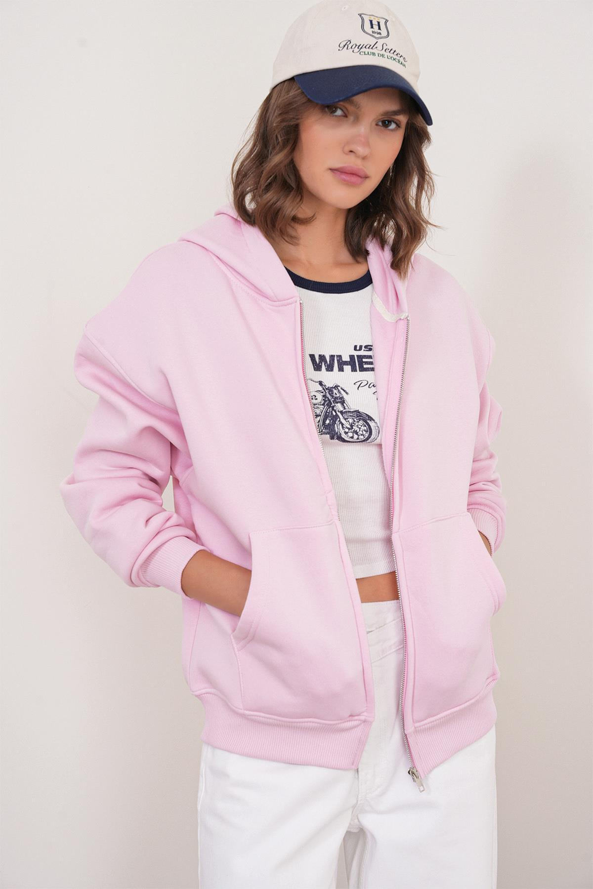 2023 Unisex 3İplik Basic Polarlı Fermuarlı Sweatshirt Hoodie Pembe