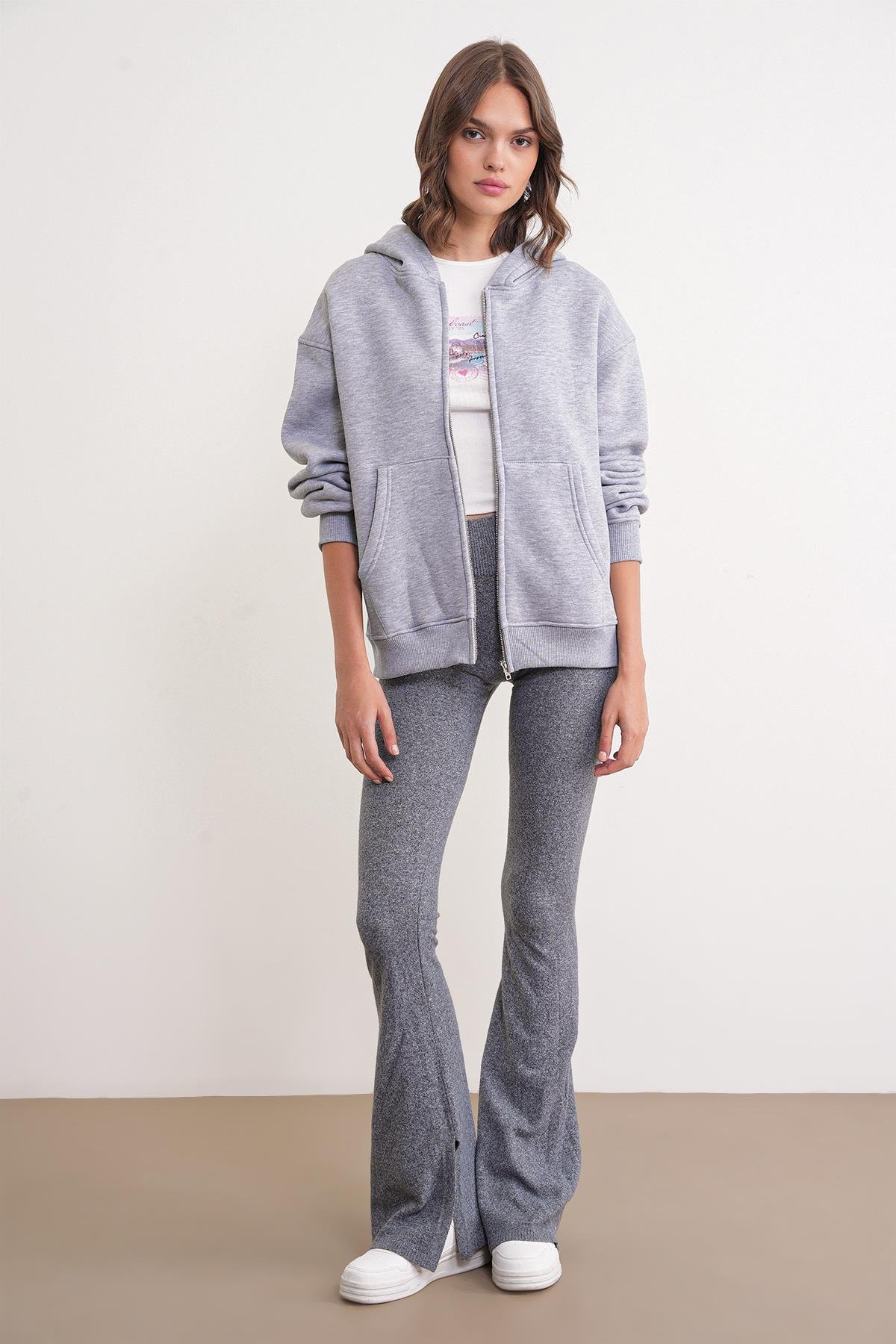 2023 Unisex 3İplik Basic Polarlı Fermuarlı Sweatshirt Hoodie Gri
