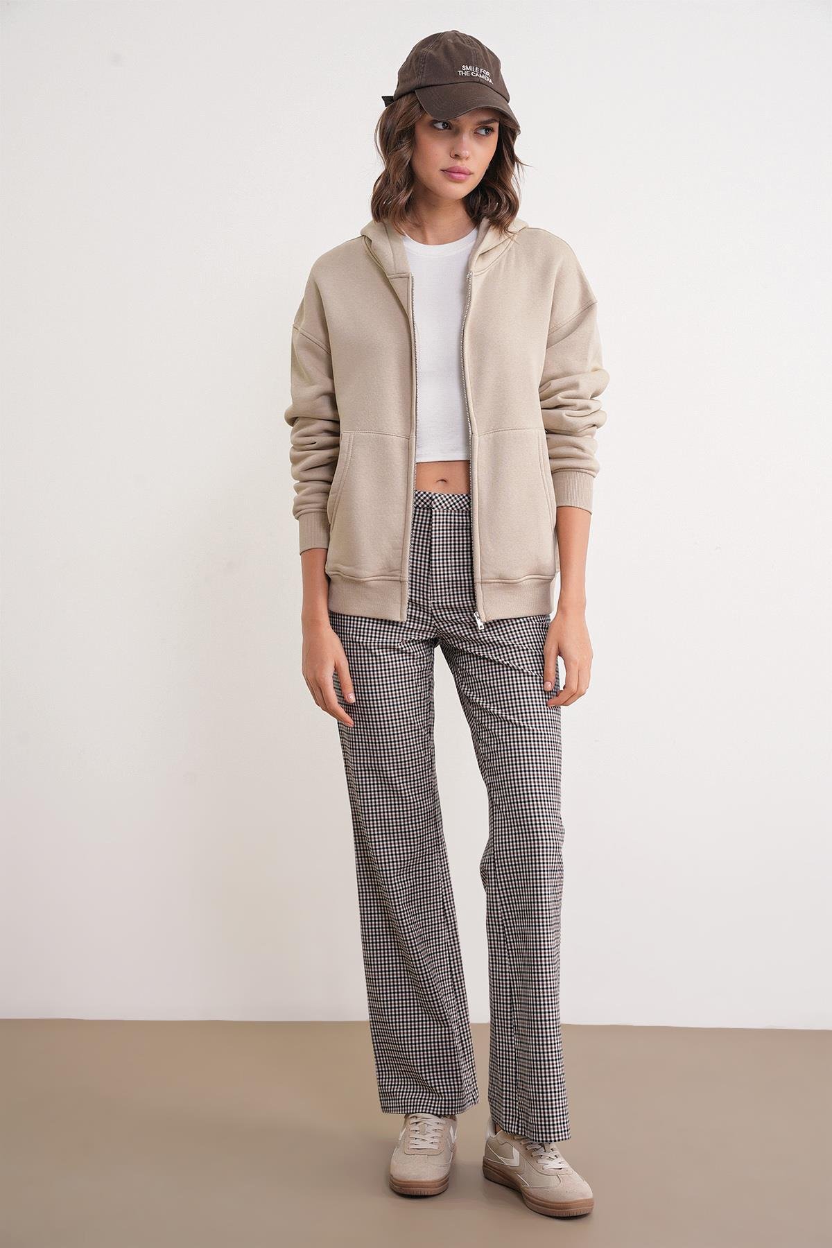 2023 Unisex 3İplik Basic Polarlı Fermuarlı Sweatshirt Hoodie Bej