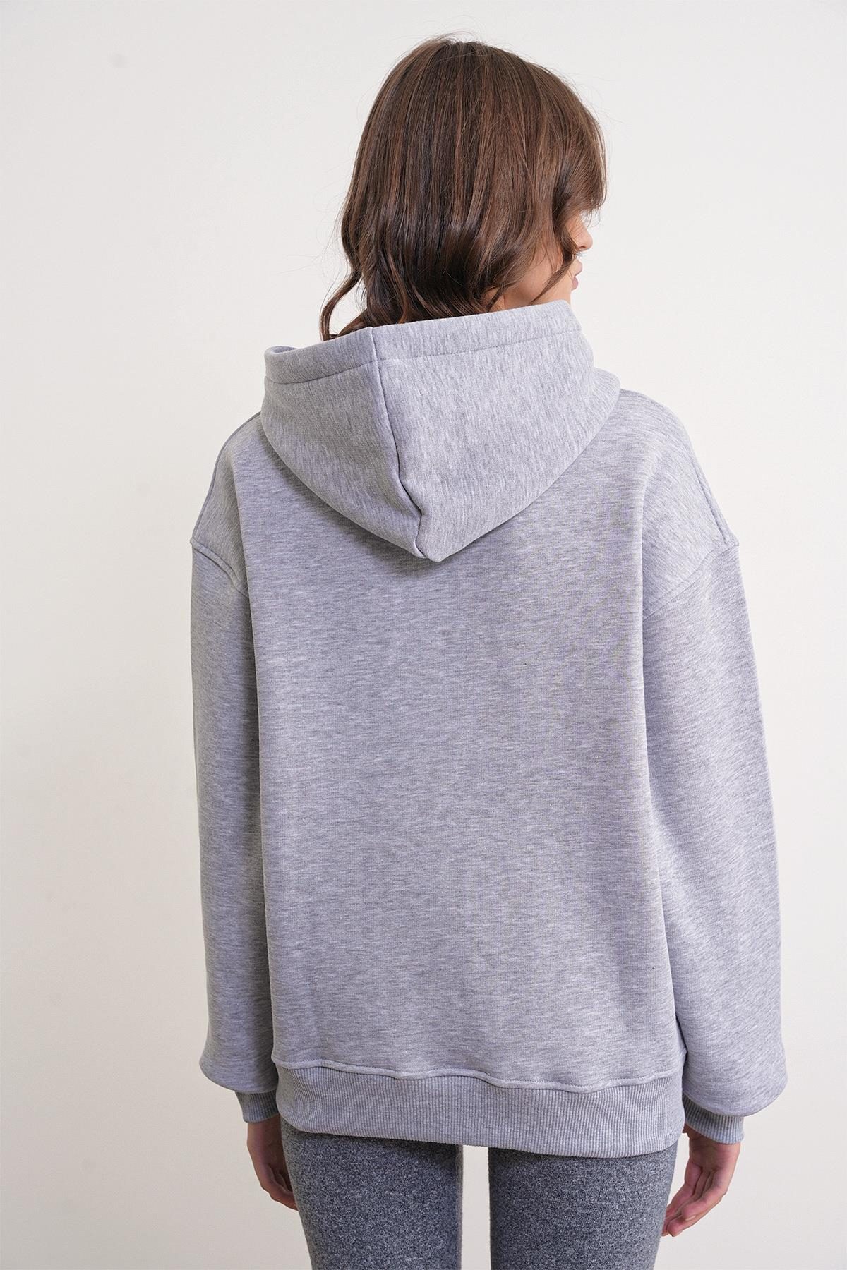 2023 Unisex 3İplik Basic Polarlı Fermuarlı Sweatshirt Hoodie Gri