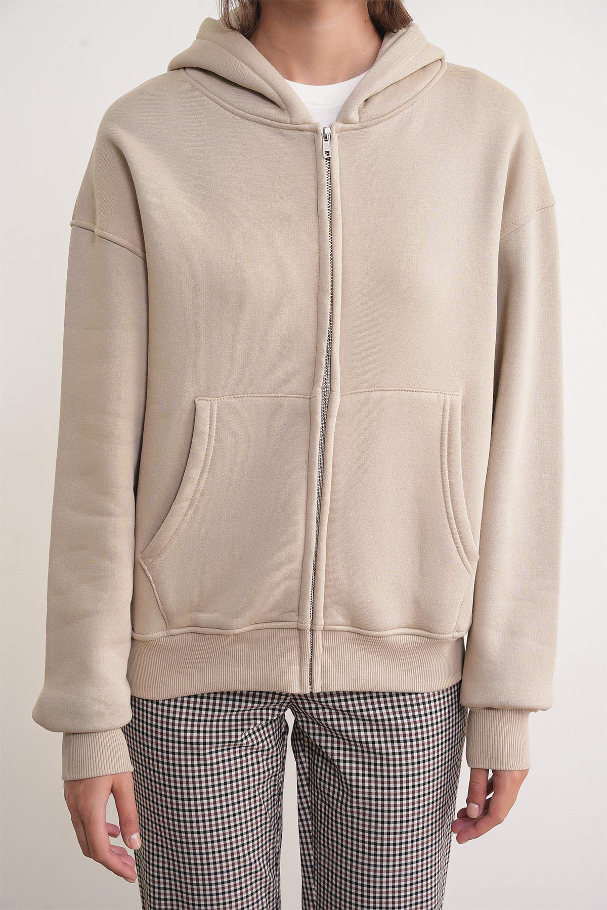 2023 Unisex 3İplik Basic Polarlı Fermuarlı Sweatshirt Hoodie Bej