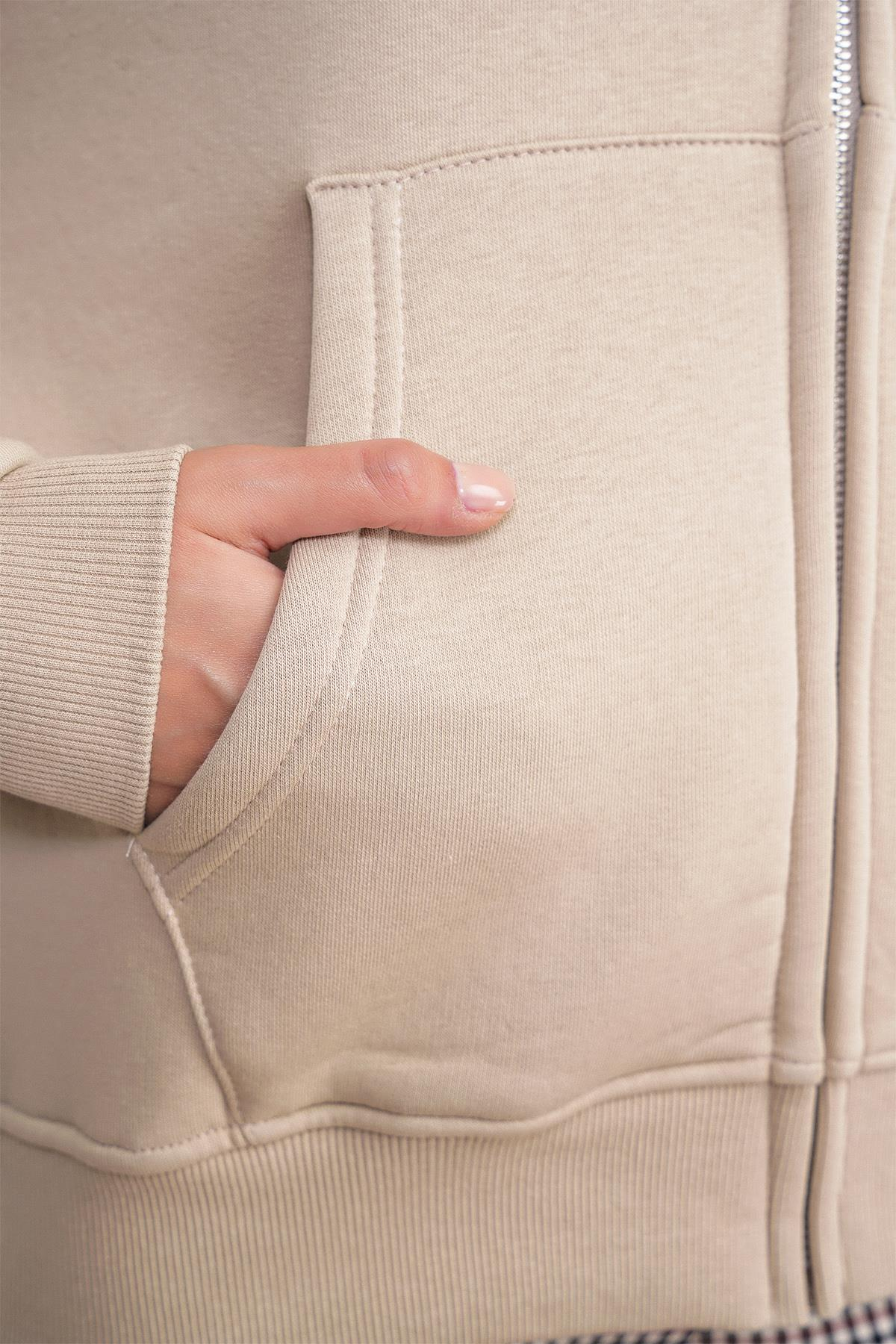 2023 Unisex 3İplik Basic Polarlı Fermuarlı Sweatshirt Hoodie Bej