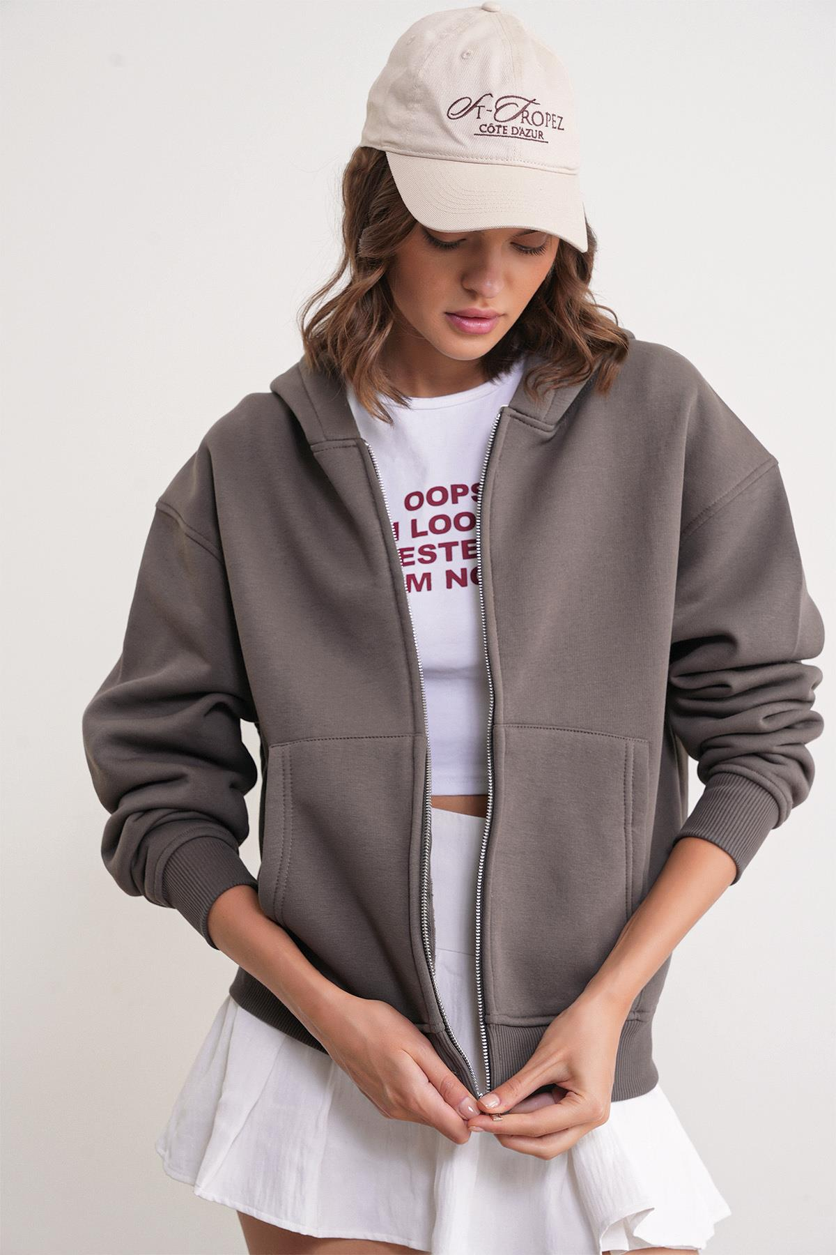 2023 Unisex 3İplik Basic Polarlı Fermuarlı Sweatshirt Hoodie Antrasit