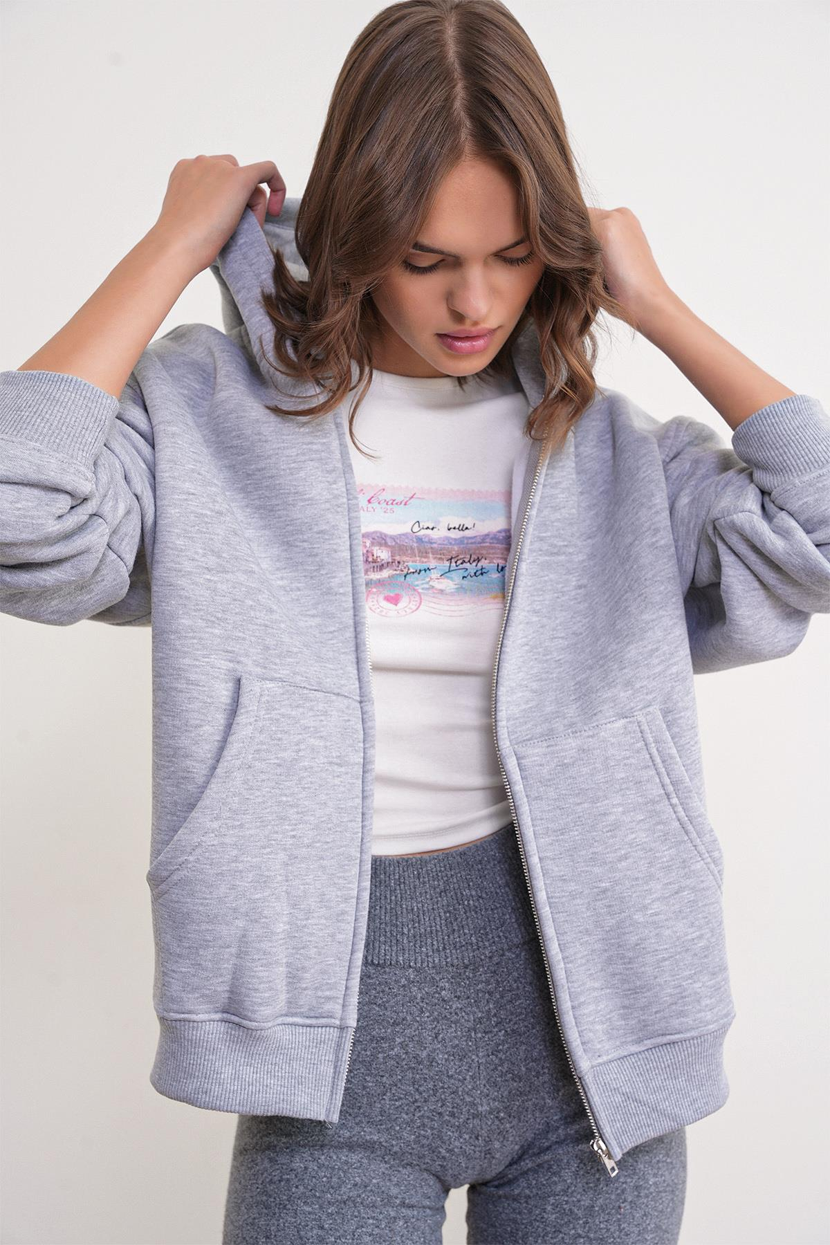 2023 Unisex 3İplik Basic Polarlı Fermuarlı Sweatshirt Hoodie Gri