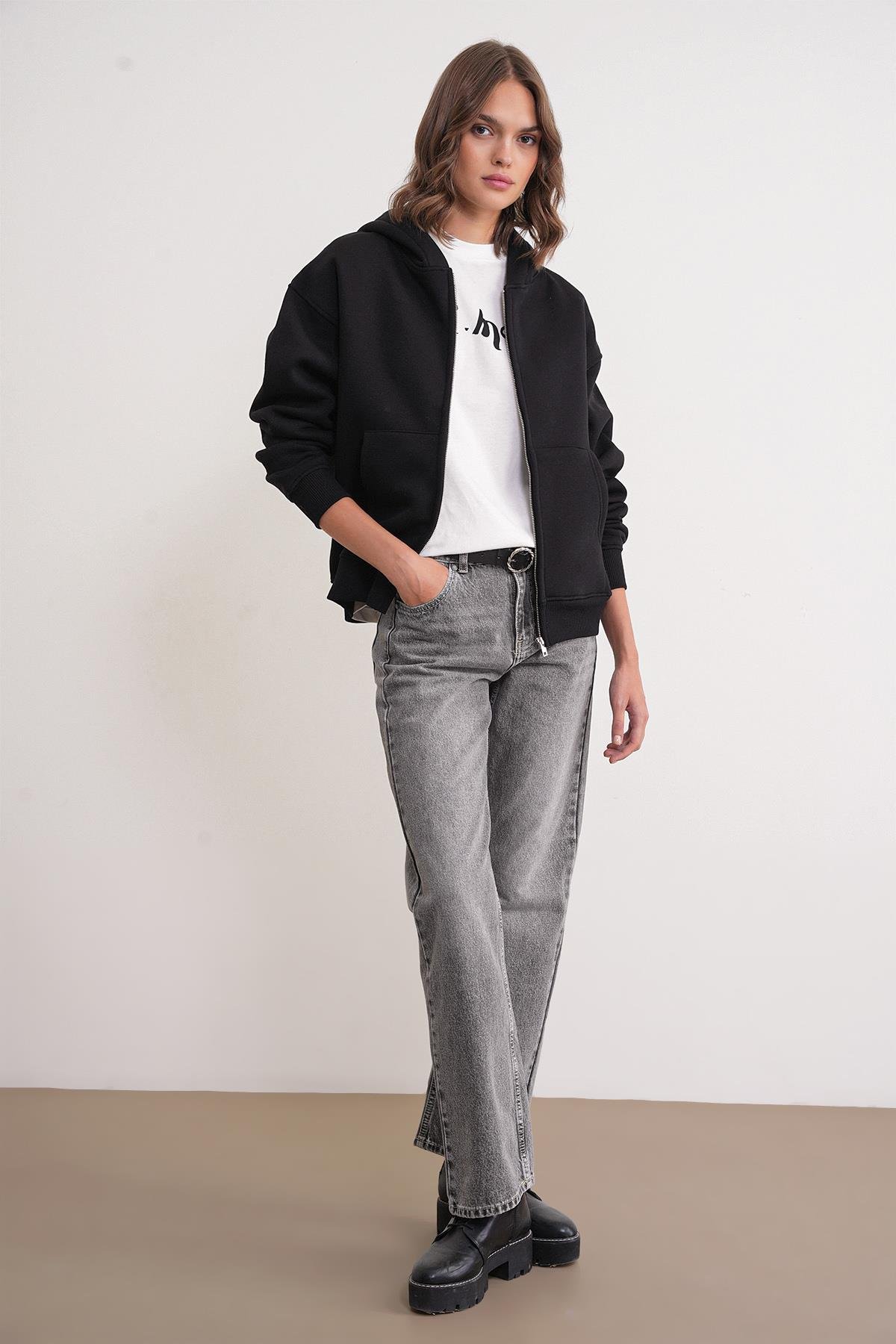 2023 Unisex 3İplik Basic Polarlı Fermuarlı Sweatshirt Hoodie Siyah