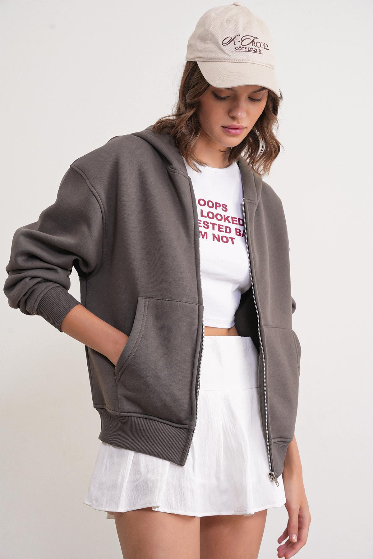 2023 Unisex 3İplik Basic Polarlı Fermuarlı Sweatshirt Hoodie Antrasit