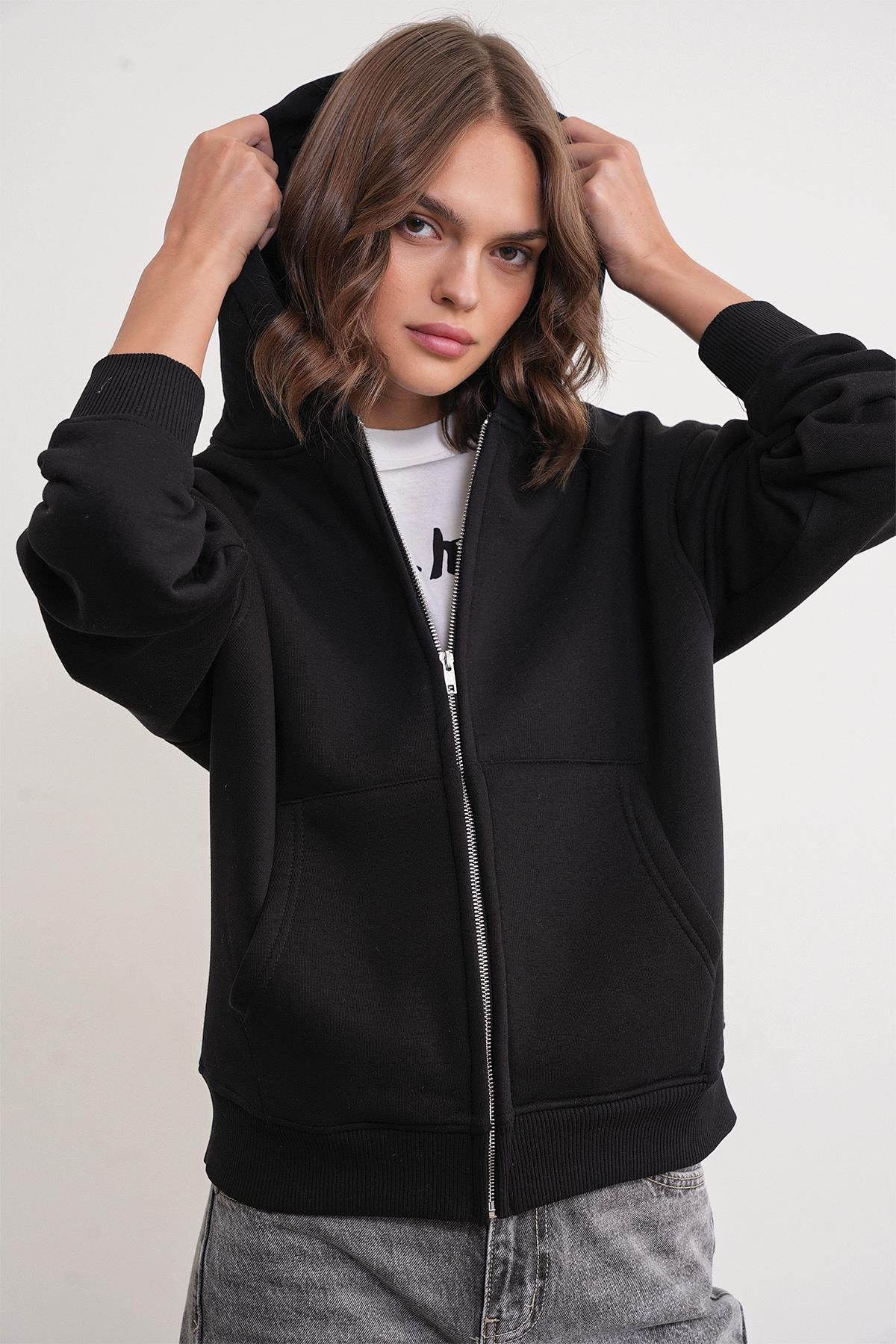 2023 Unisex 3İplik Basic Polarlı Fermuarlı Sweatshirt Hoodie Siyah