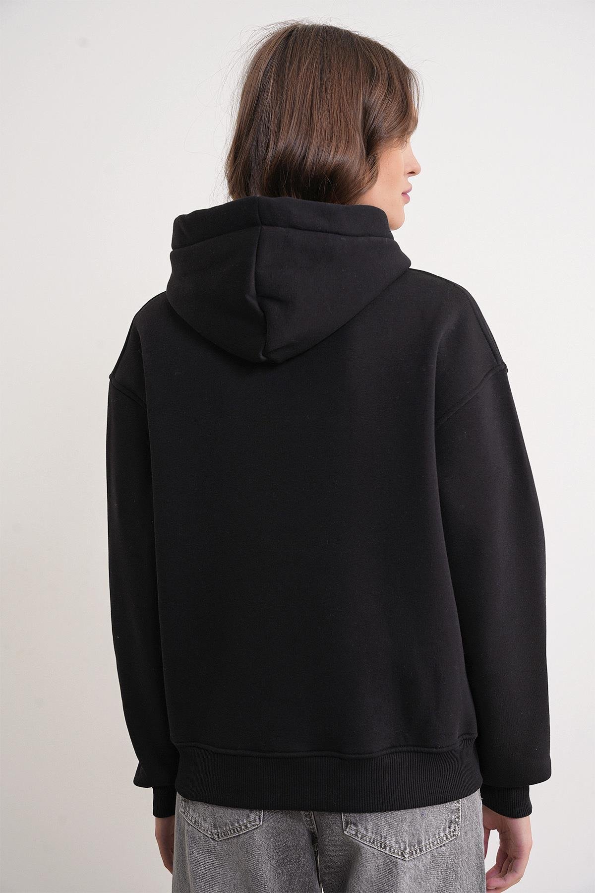 2023 Unisex 3İplik Basic Polarlı Fermuarlı Sweatshirt Hoodie Siyah