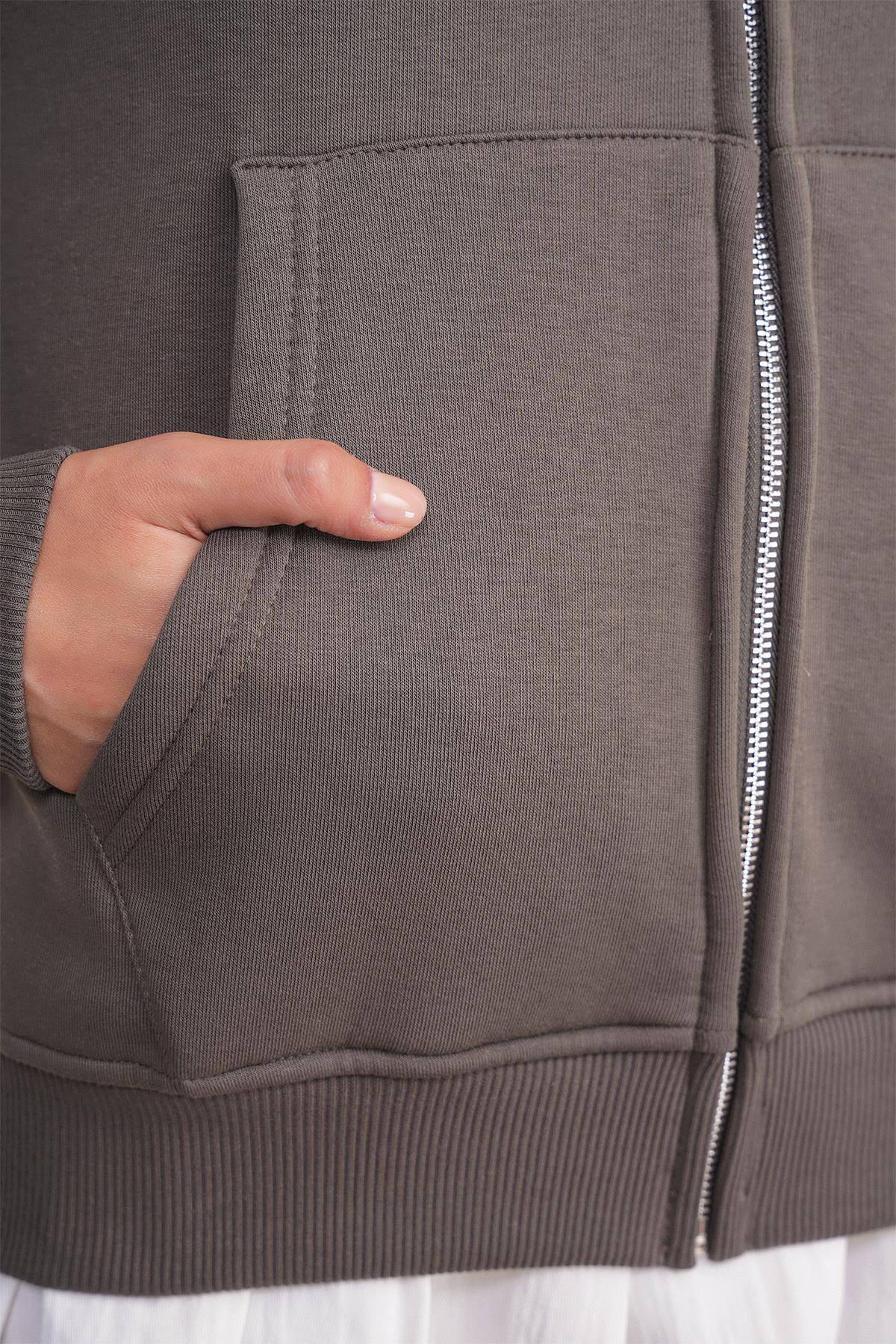 2023 Unisex 3İplik Basic Polarlı Fermuarlı Sweatshirt Hoodie Antrasit